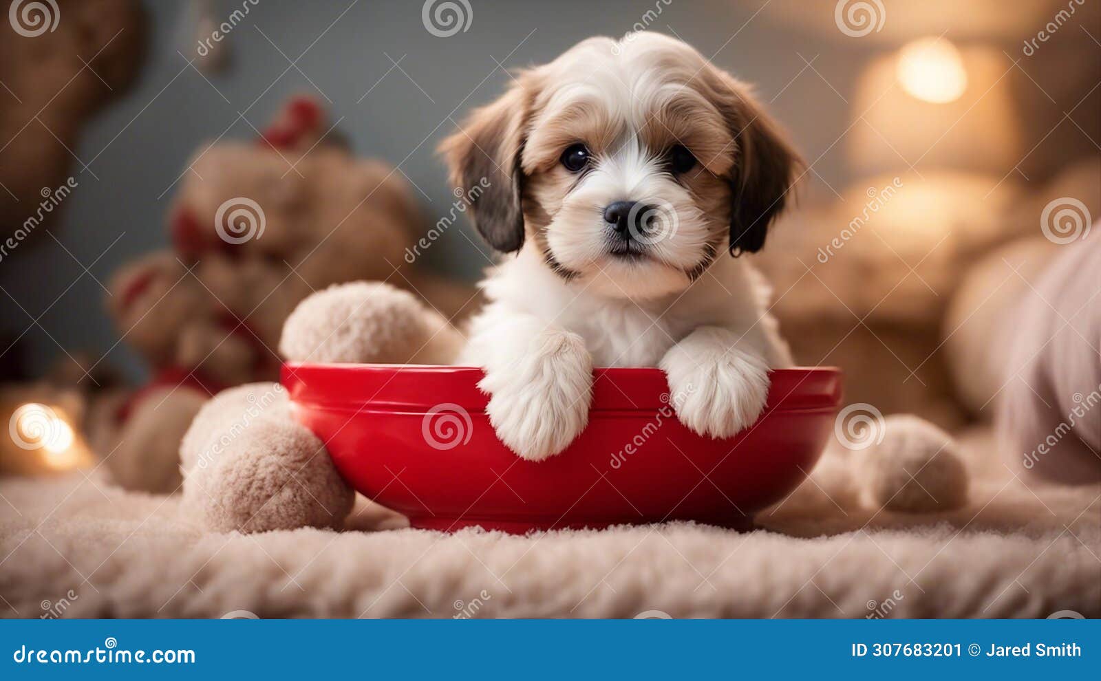 a charming havanese puppy dog cozily nestled in a red bowl filled with plush toys