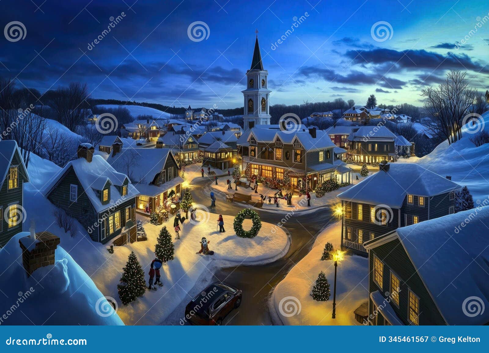 snow-covered holiday village at dusk with festive decorations and a church tower