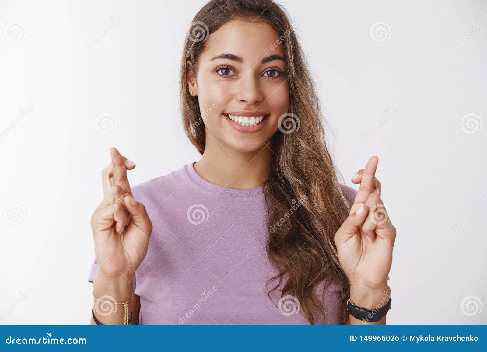 charming hopeful girlfriend keeping high hopes cross fingers good luck smiling broadly anticipating dream come true