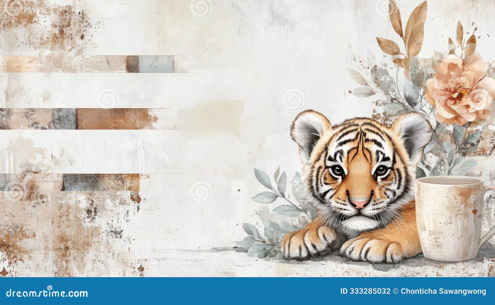 a charming  of a tiger cub surrounded by soft florals, offering a serene and playful vibe for any  project