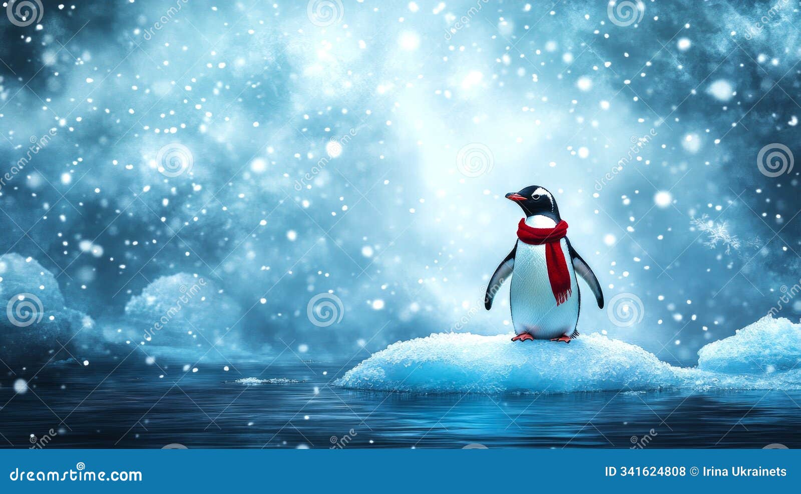 a delightful penguin stands on an ice floe amidst a beautiful snowy landscape. the penguin wears a bright red scarf. the