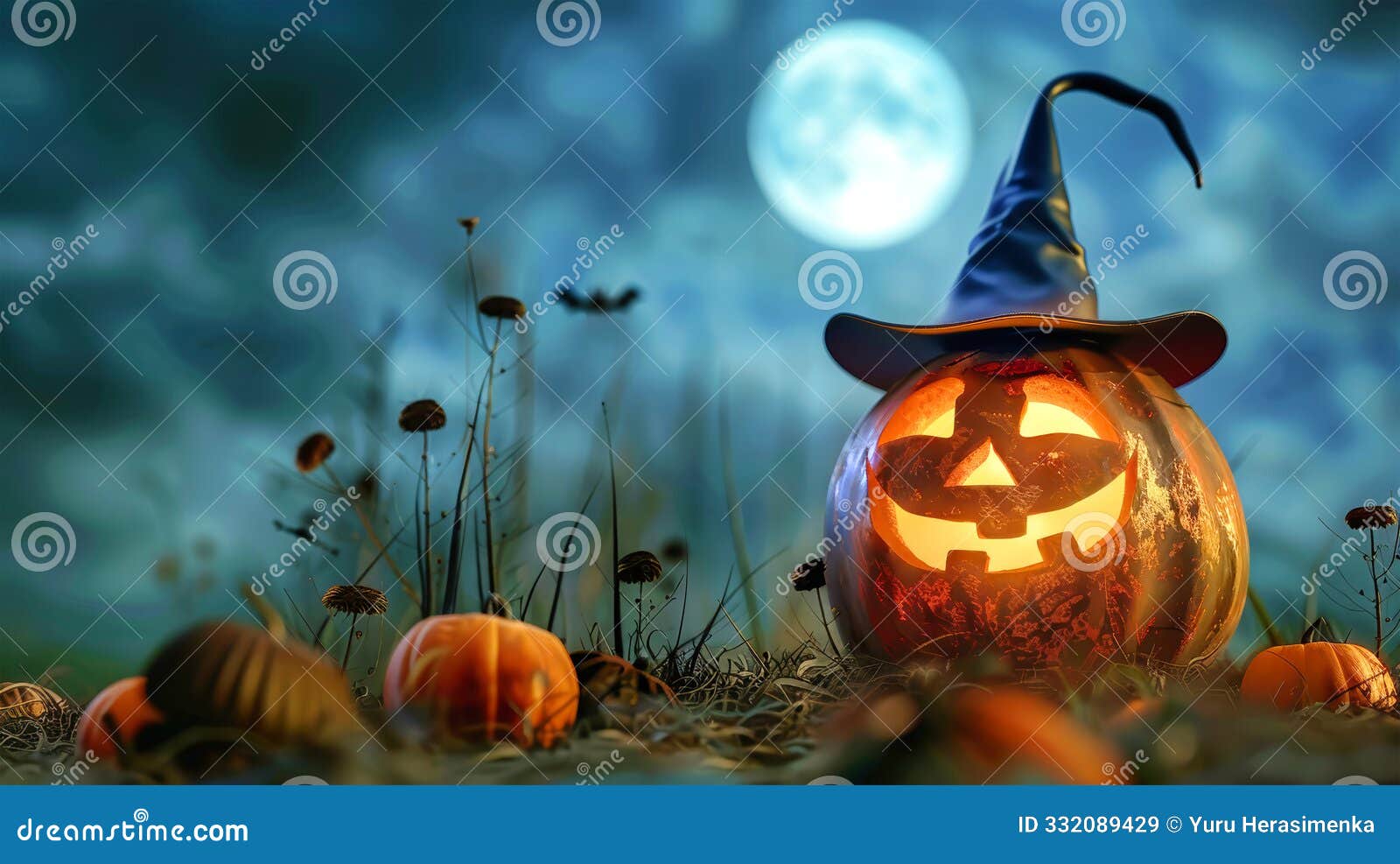 a charming jack-o'-lantern adorned with a witch hat glows warmly beneath a full moon,