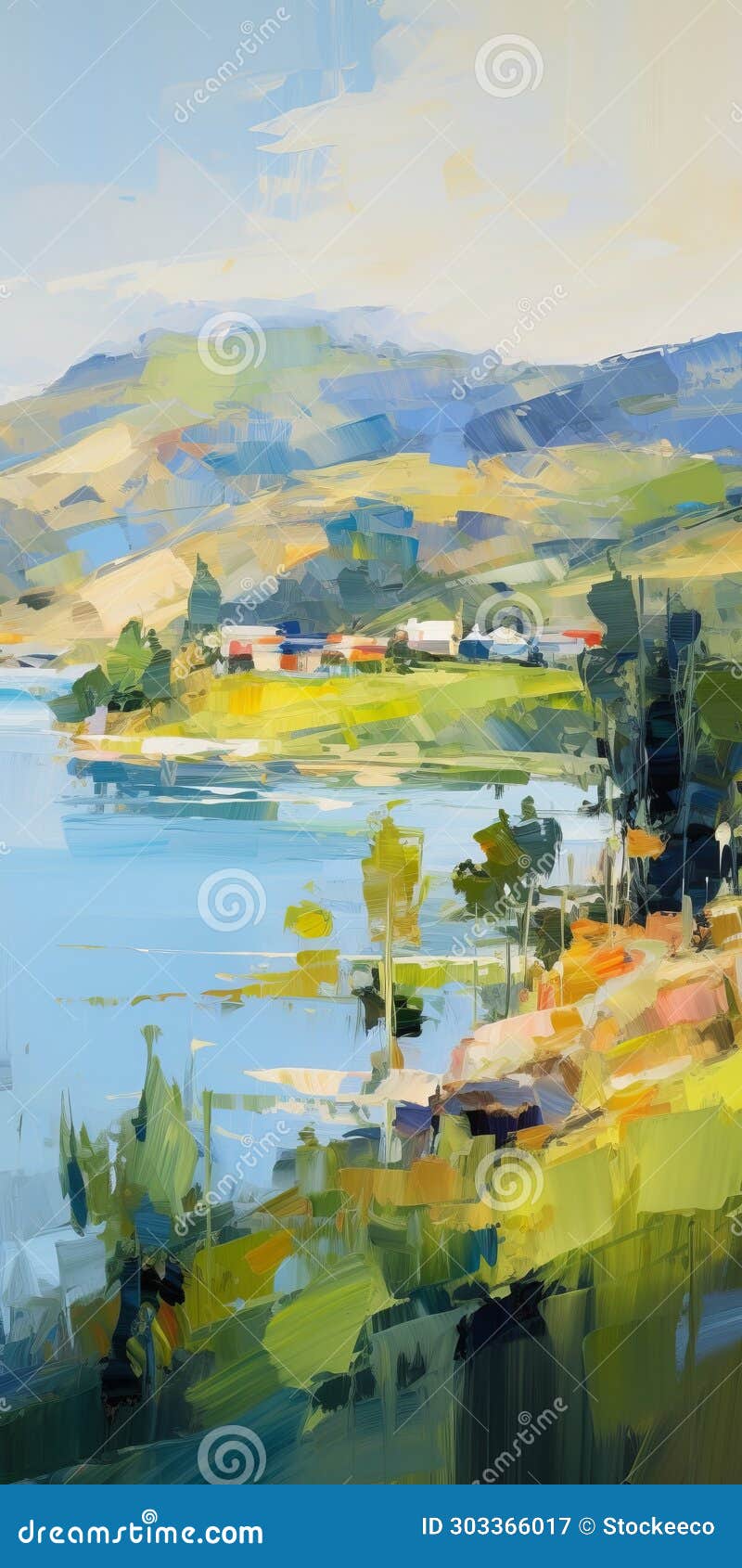 charming landscape painting of a lake in iryna yermolova's style