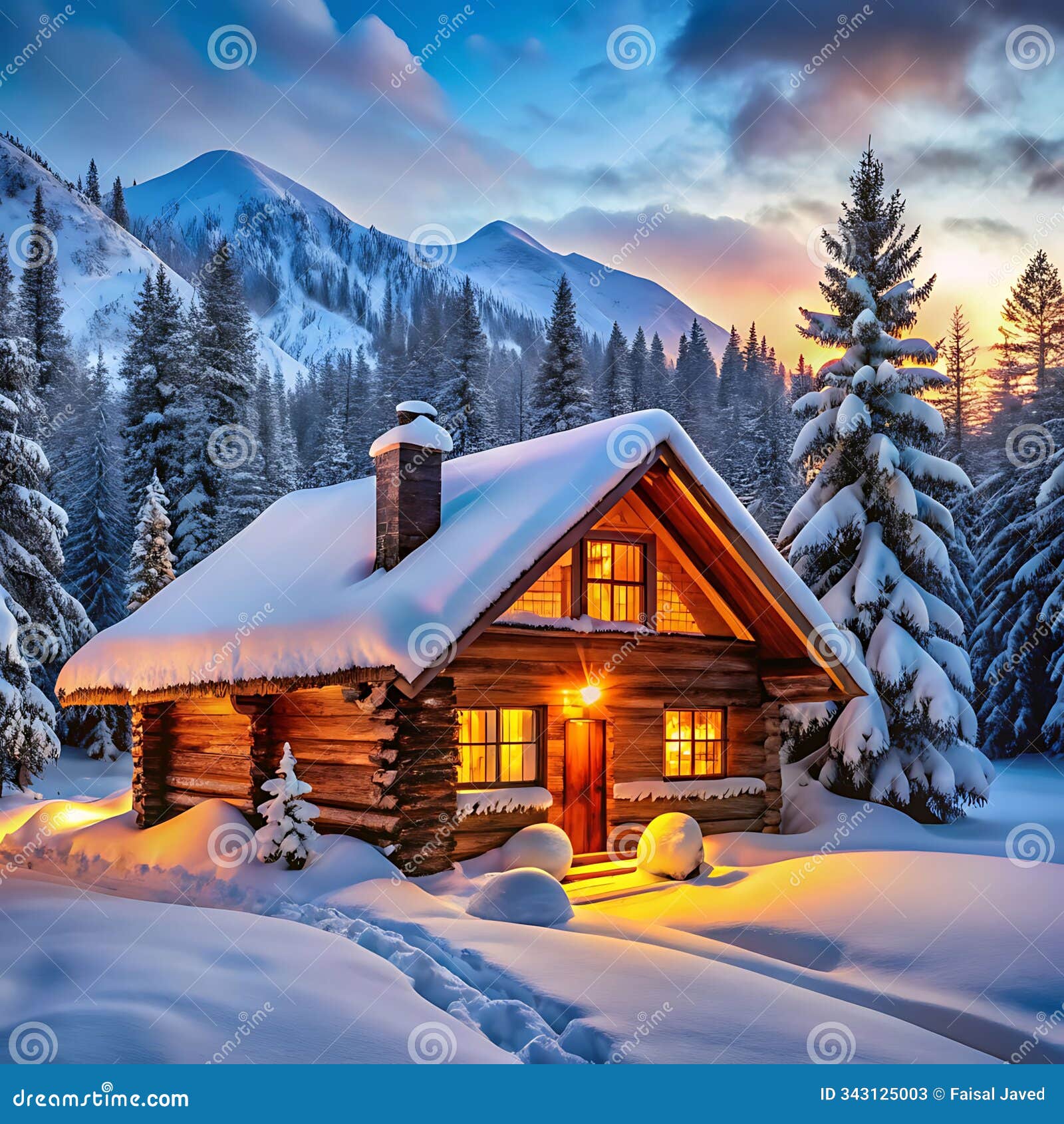 a charming log cabin nestled in a snowy landscape exudes warmth and coziness