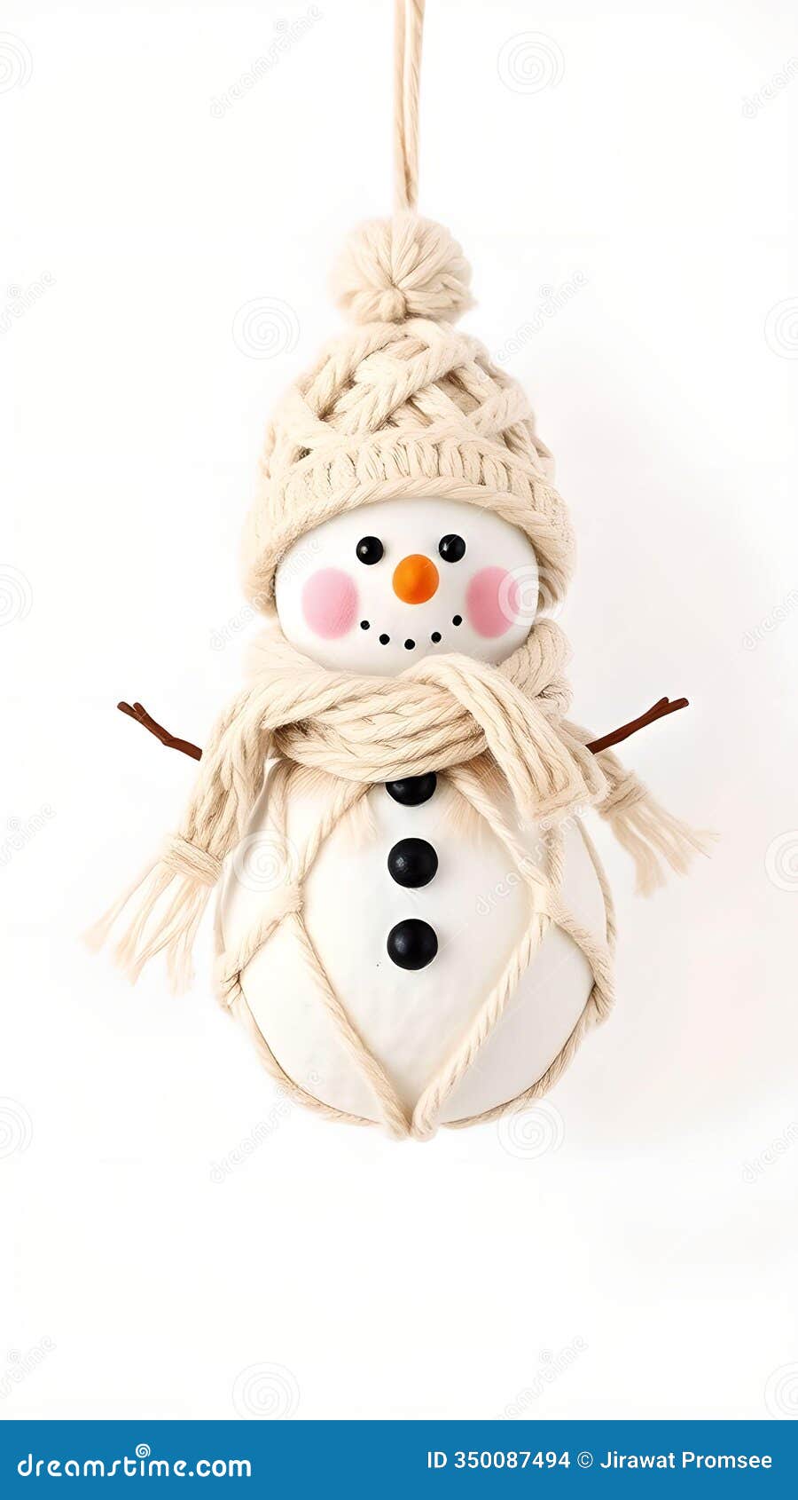 charming macrame-inspired snowman ornament: woven hat, scarf, watercolor clip art, flat white background, textured macrame