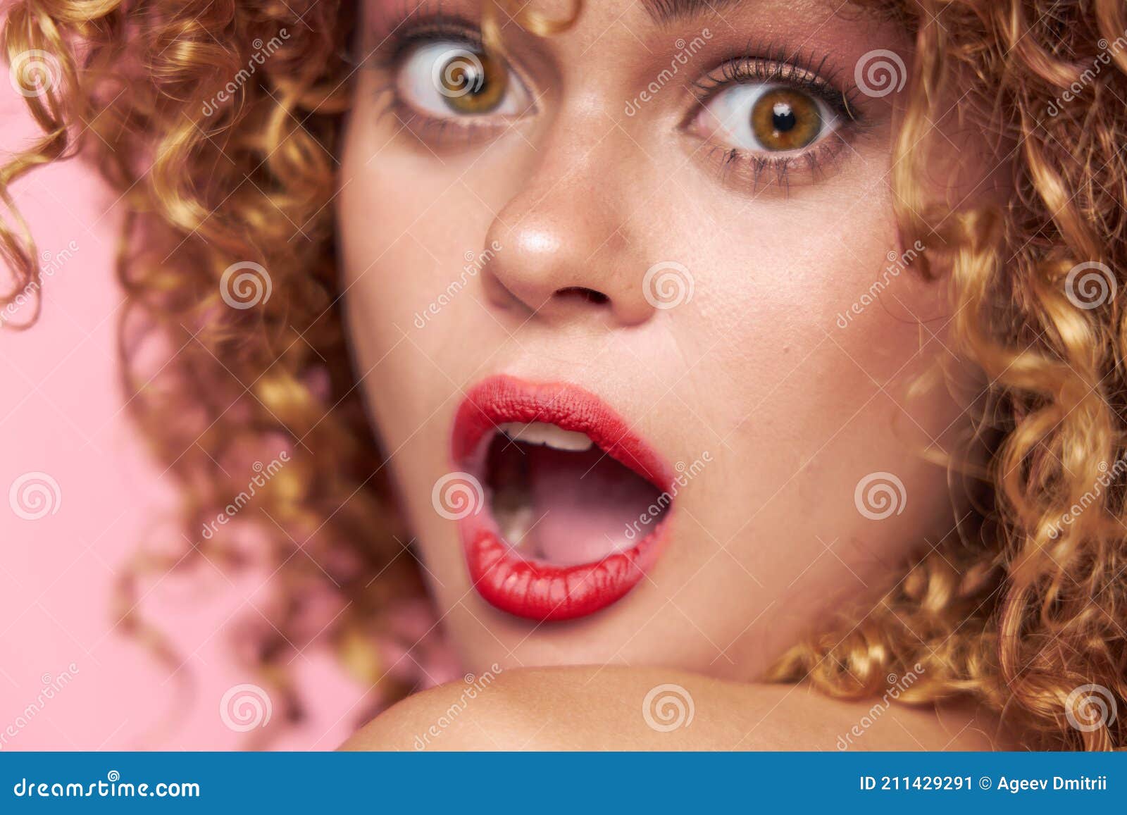 Charming Makeup Red Lips Surprise Model Sequin Shirt Stock Image