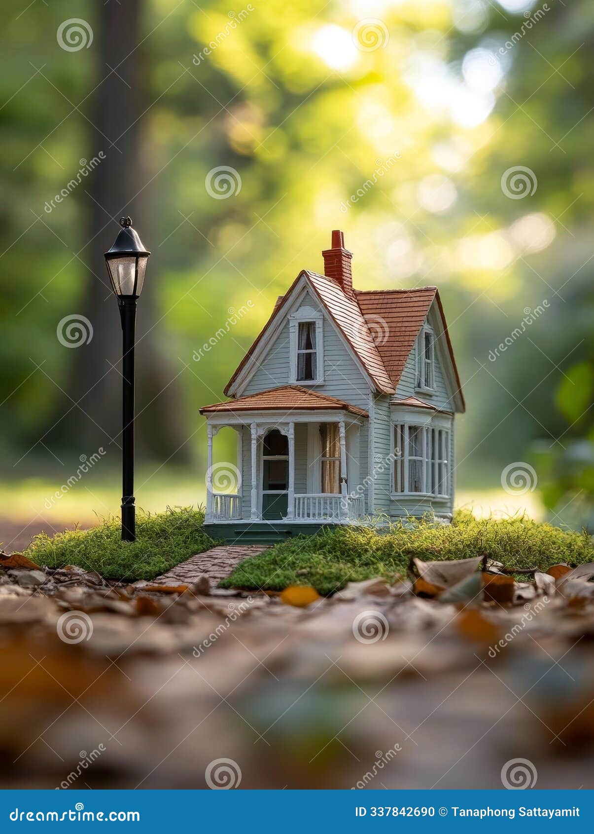 a charming miniature victorian house model sits nestled in a sundrenched forest setting surrounded by lush green foliage and a