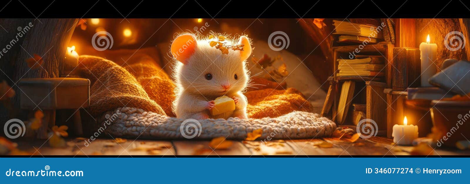 a charming mouse, nibbling cheese in its cozy home, illuminated by the warm candle glow, surrounded by pillows, blankets