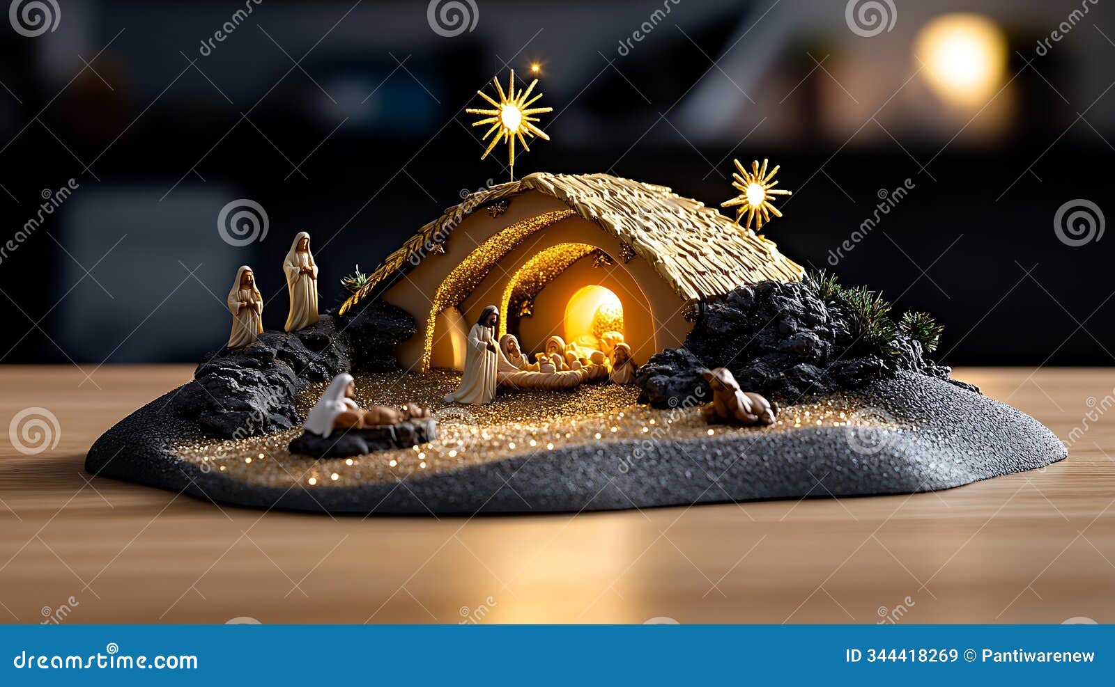 nativity scene with golden accents in a cozy setting