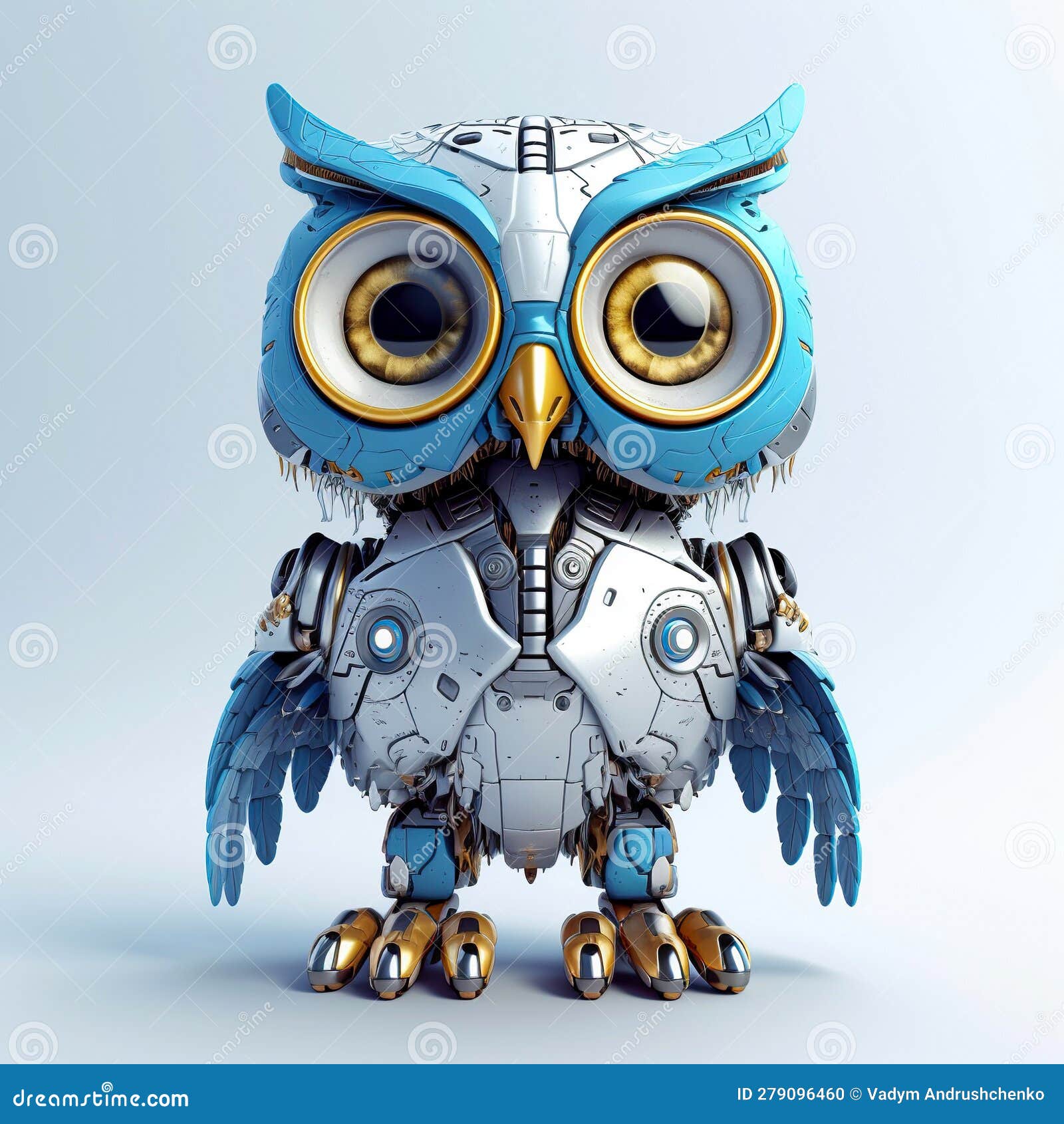 Charming Owl Robot, Robotic Bird Isolated Over Blue Background. Created