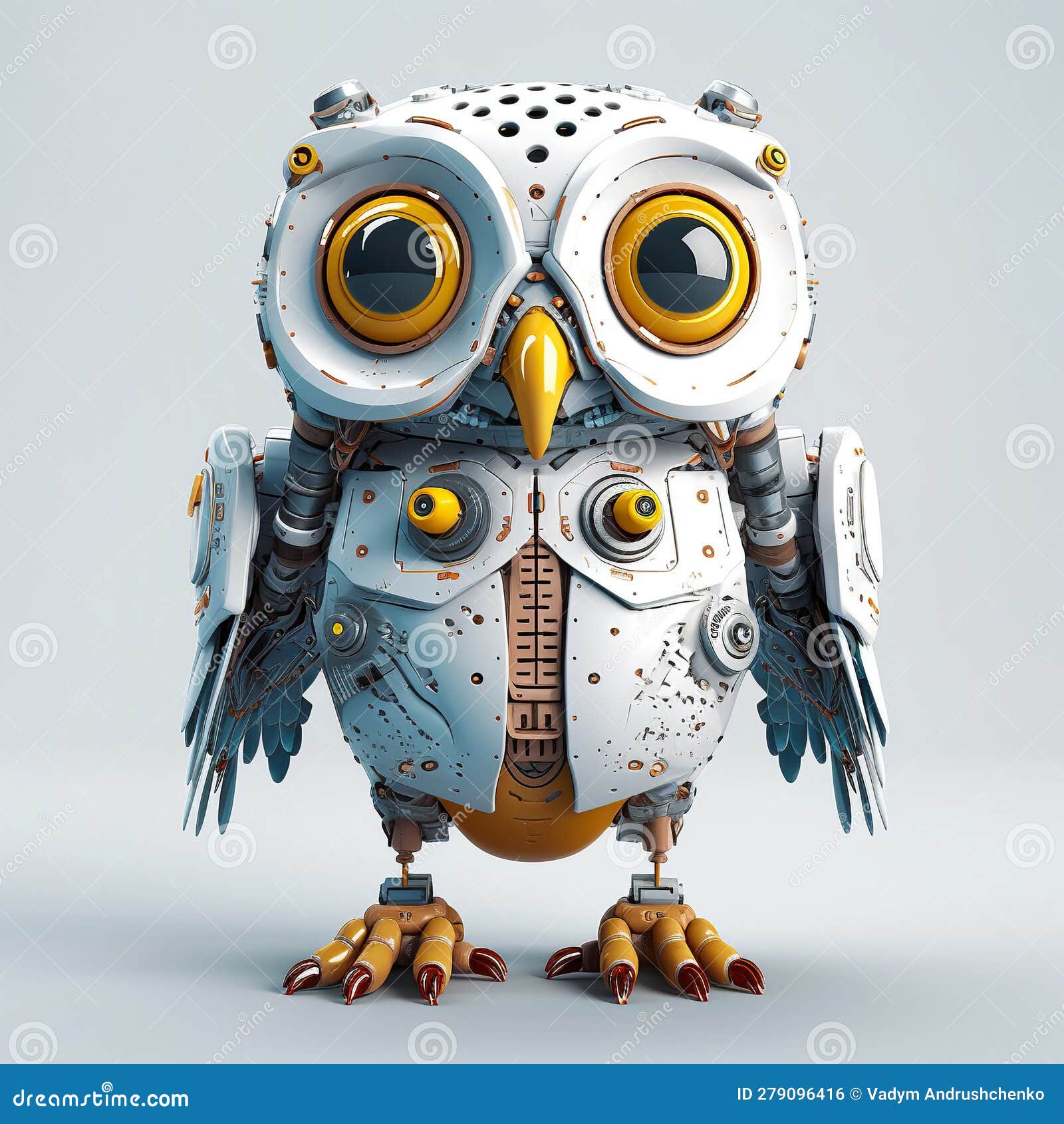 Charming Owl Robot, Robotic Bird Isolated Over Gray Background. Created