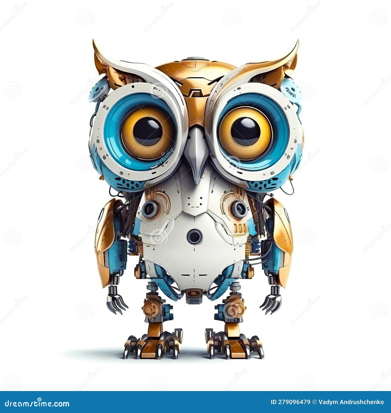Charming Owl Robot, Robotic Bird Isolated Over White Background