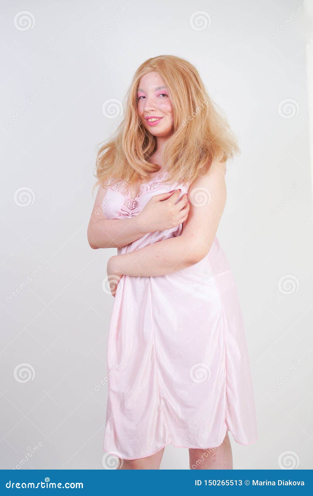 Charming Plus Size Blonde Asian Girl In Pink Pretty Silk Nightgown