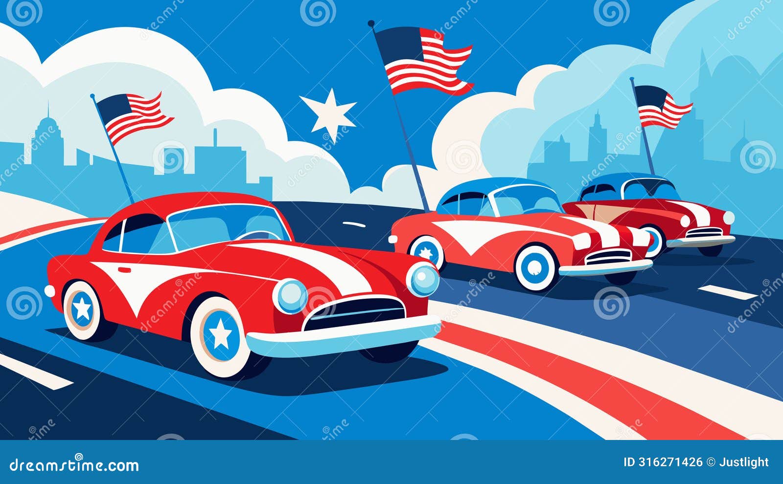 the charming red white and blue adorned vintage cars evoke a sense of pride and patriotism as they cruise along the