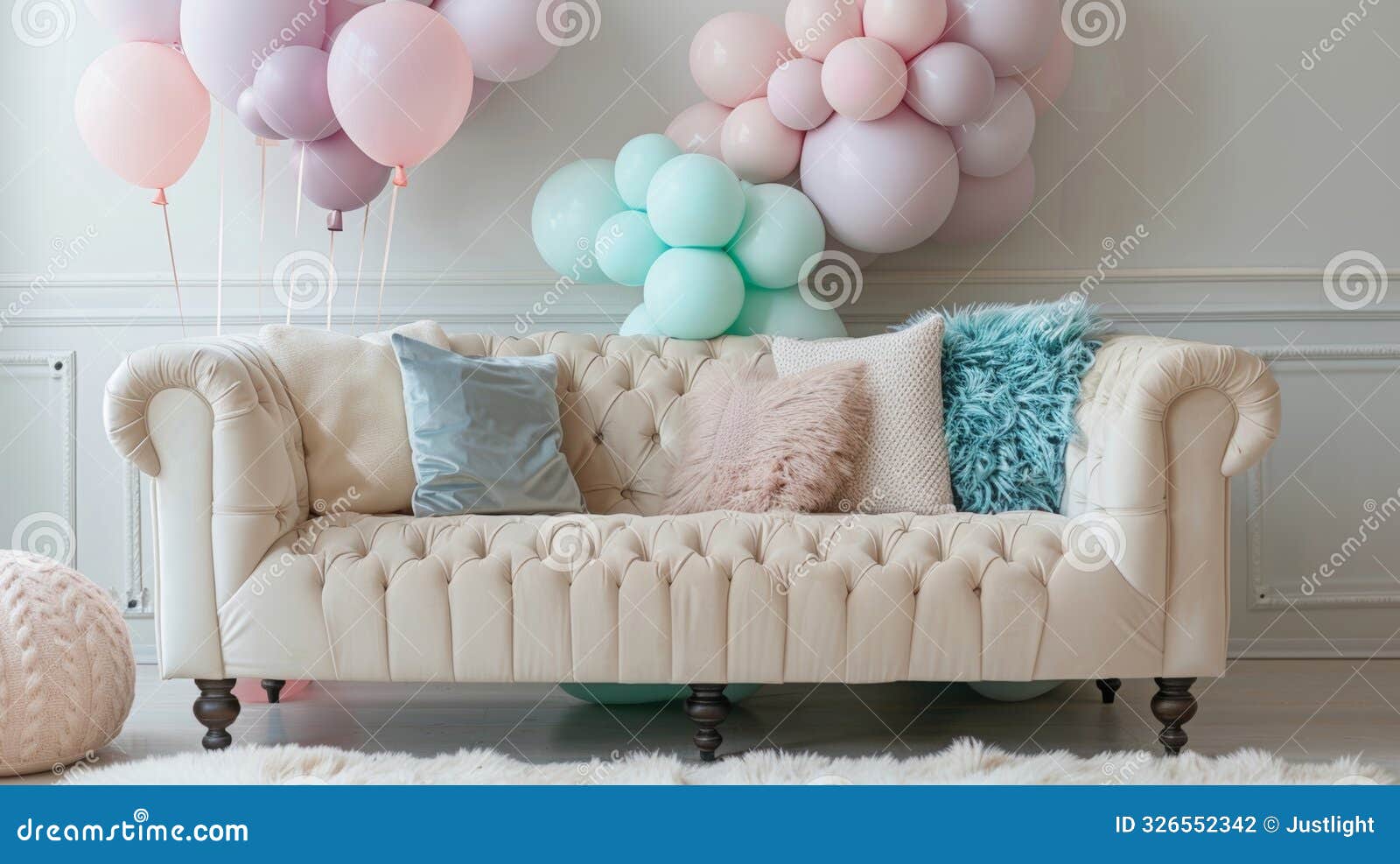 a charming setup of pastelcolored balloons floating above a tufted creamcolored sofa and fluffy pastel pillows