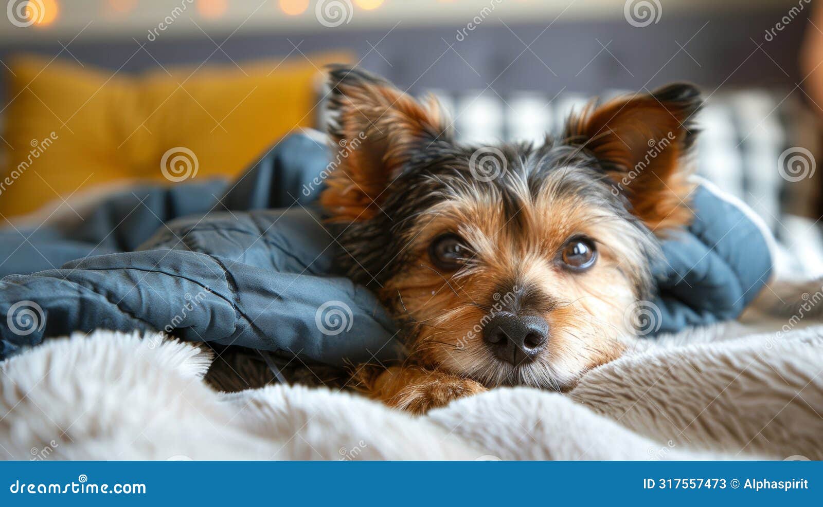 charming small dog snuggles in a soft bed, bringing warmth and comfort to any space