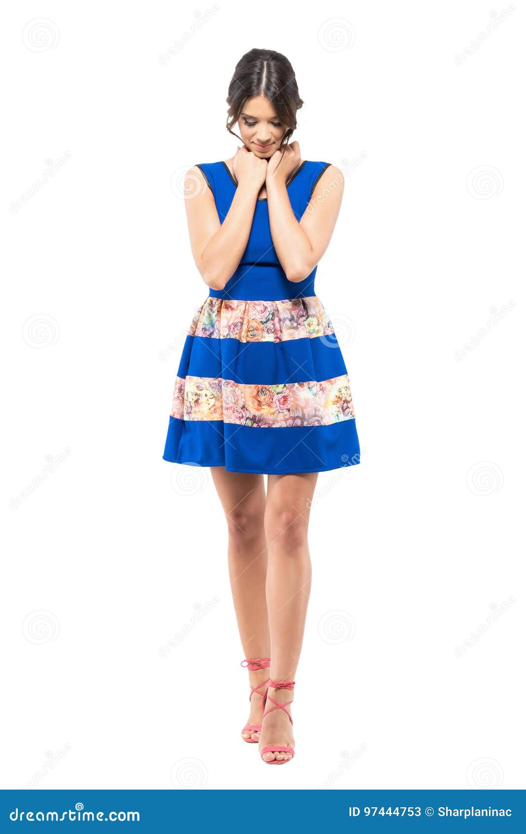 Charming Smiling Fashion Woman in Blue Dress Looking Down with Head ...