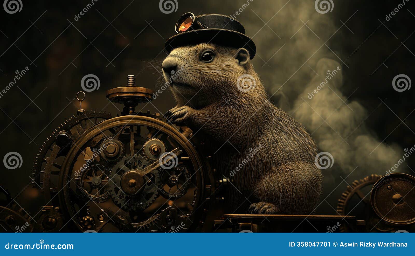 a charming steampunk groundhog perches confidently, its paws resting on the ornate timepiece