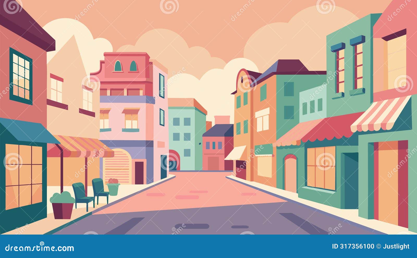a charming street scene filled with pastelcolored buildings and storefronts bringing a sense of calm and warmth to the