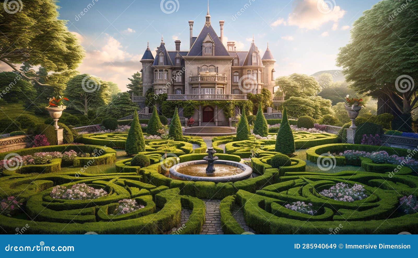 charming victorian manor amidst whimsical gardens. fantasy palatial garden retreat. generative ai