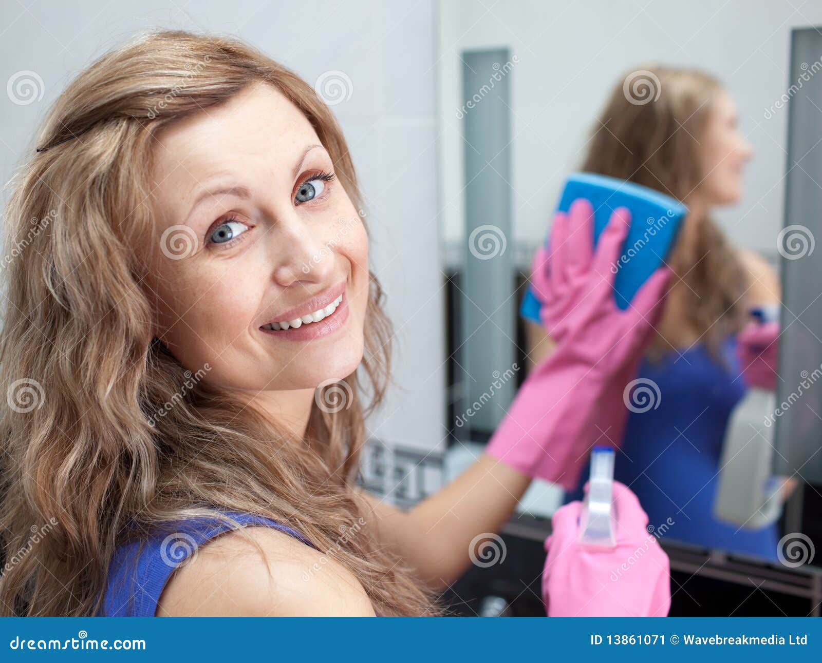 Charming Woman Cleaning a Bathroom S Mirror Stock Image Image of