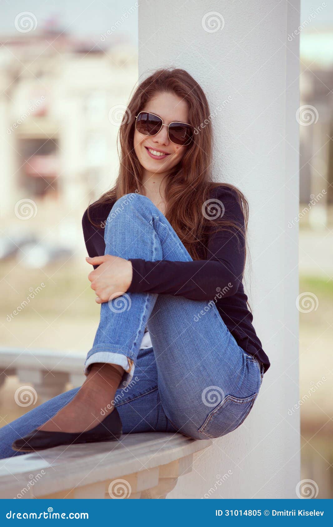 Charming Woman in Glasses and Blue Jeans Stock Image Image of glasses