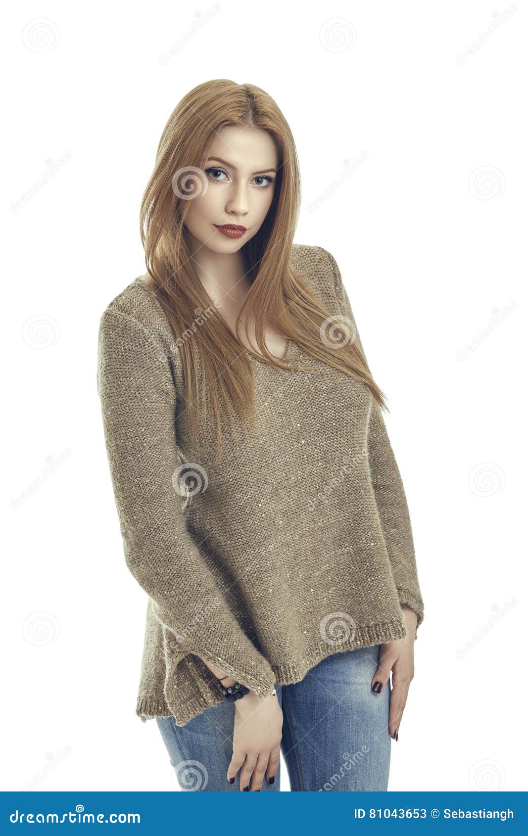 Charming Woman in Sweater and Blue Jeans Stock Image - Image of garment ...