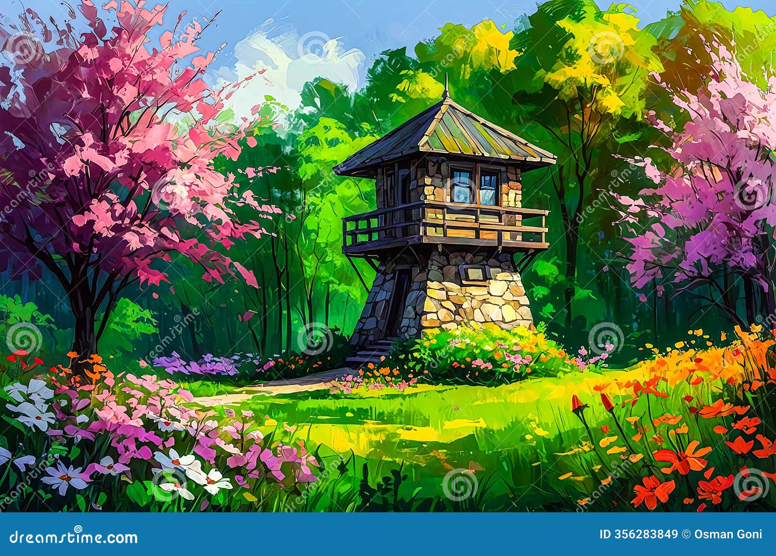 charming wooden lookout tower in a sunny forest