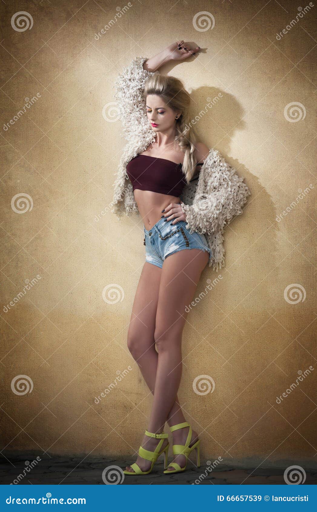 Beautiful Girl Long Legs Against Wall Stock Photo 1490142164