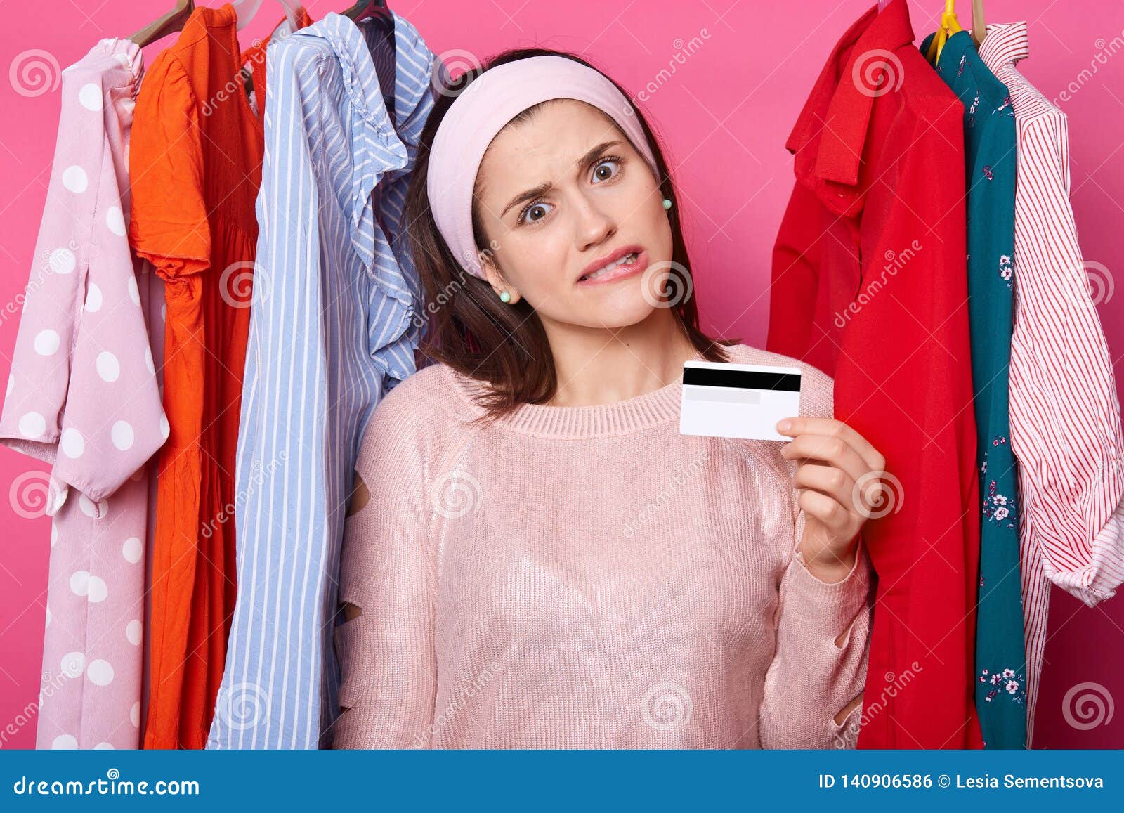 Charming Young Girl Has Bank Card in Hand. Attractive Lady Spends All ...