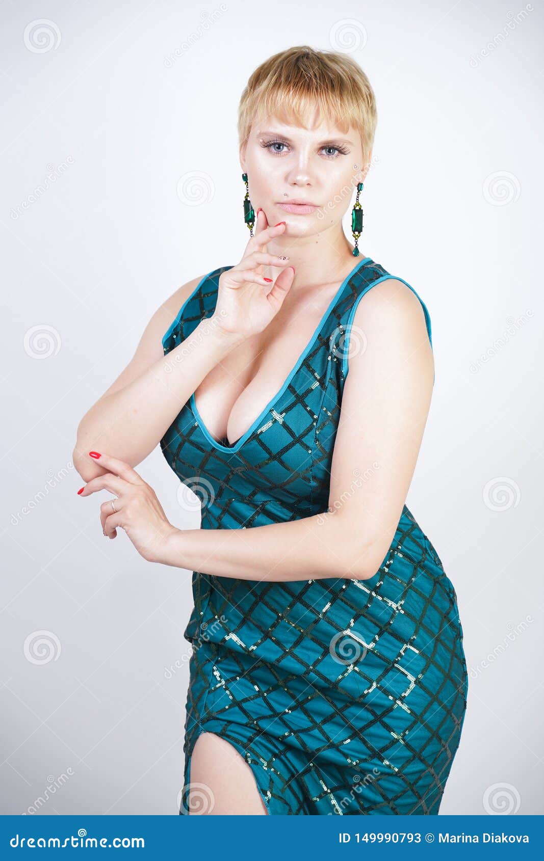 Charming Young Plus Size Woman With Short Blonde Hair Dressed In A