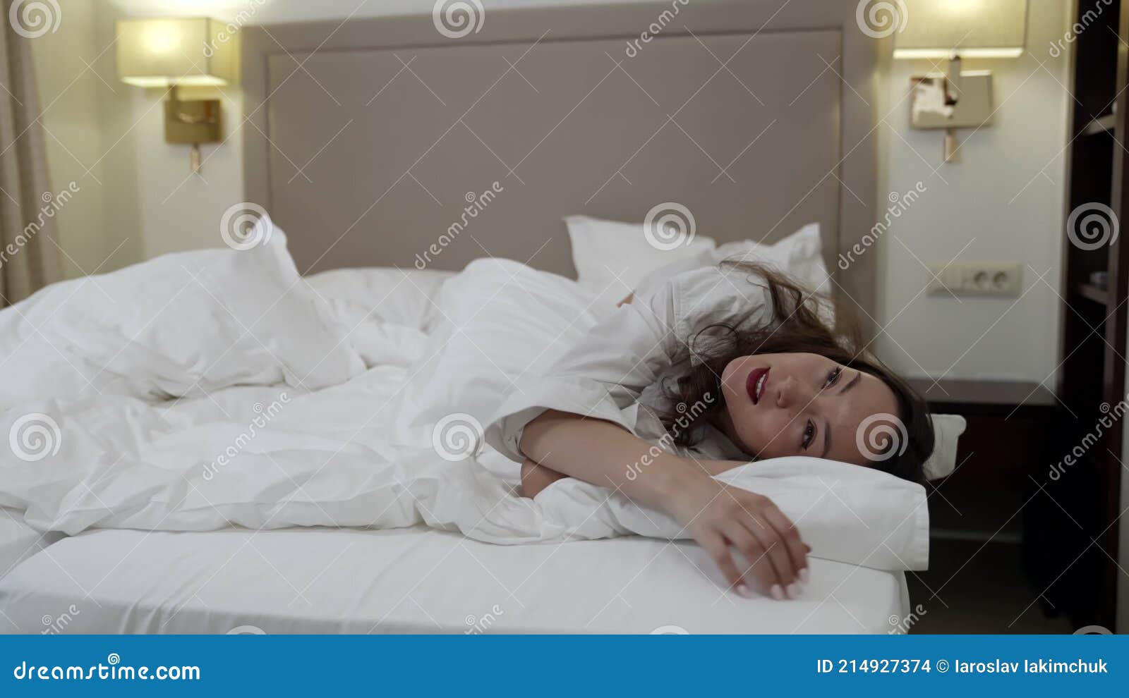 Young Woman Lying Bed Hotel Room Stock Footage and Videos