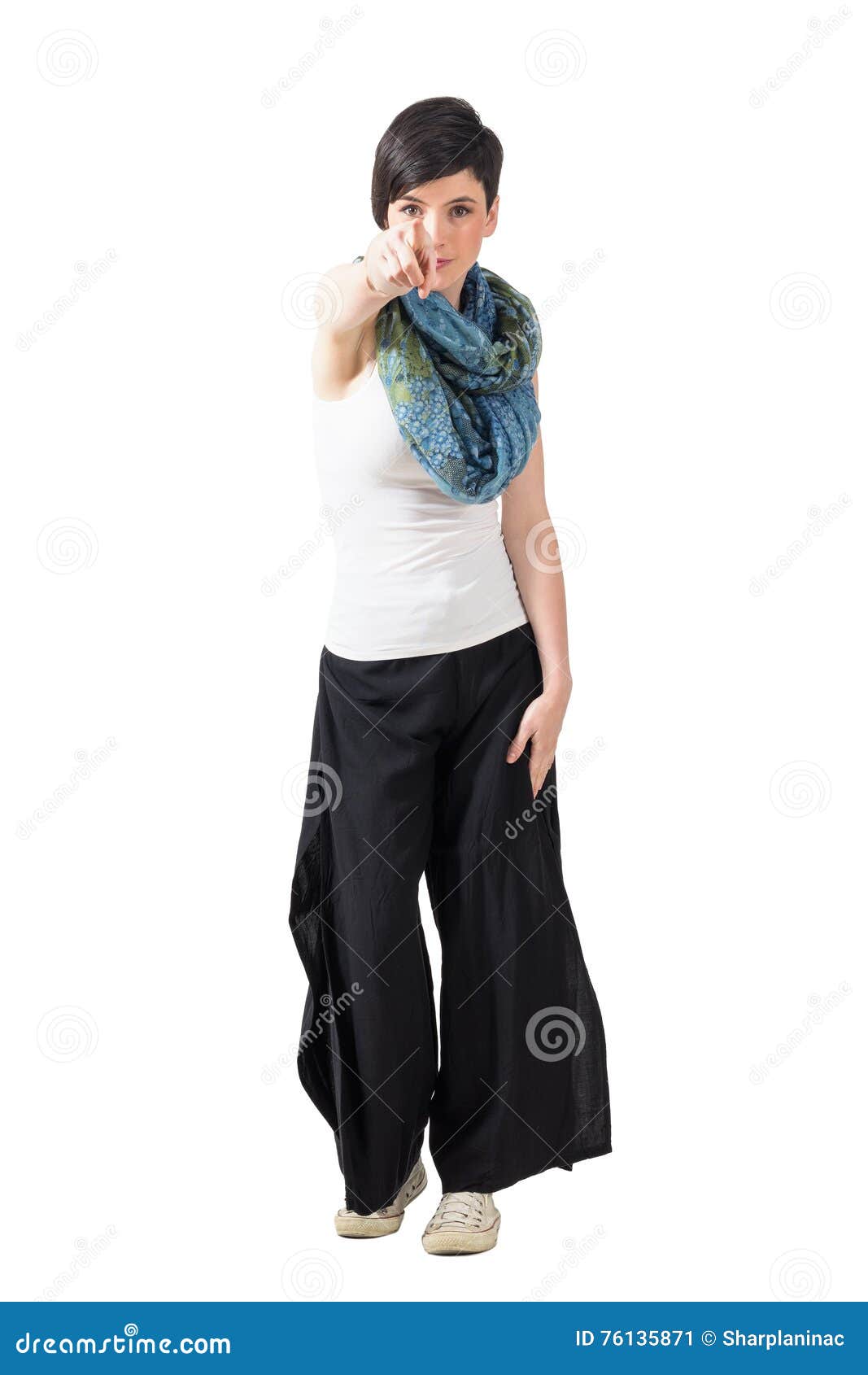 Charming Young Woman with Scarf Pointing Finger at You Stock Image ...