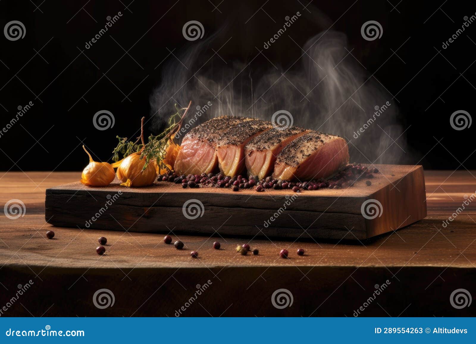 Charred Cedar Plank with Tuna, Smoke Billowing Out Stock Image Image