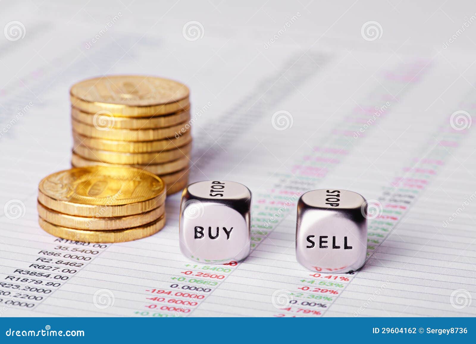 Chart, Coins and Dices Cubes with Words Sell Buy. Stock Photo Image