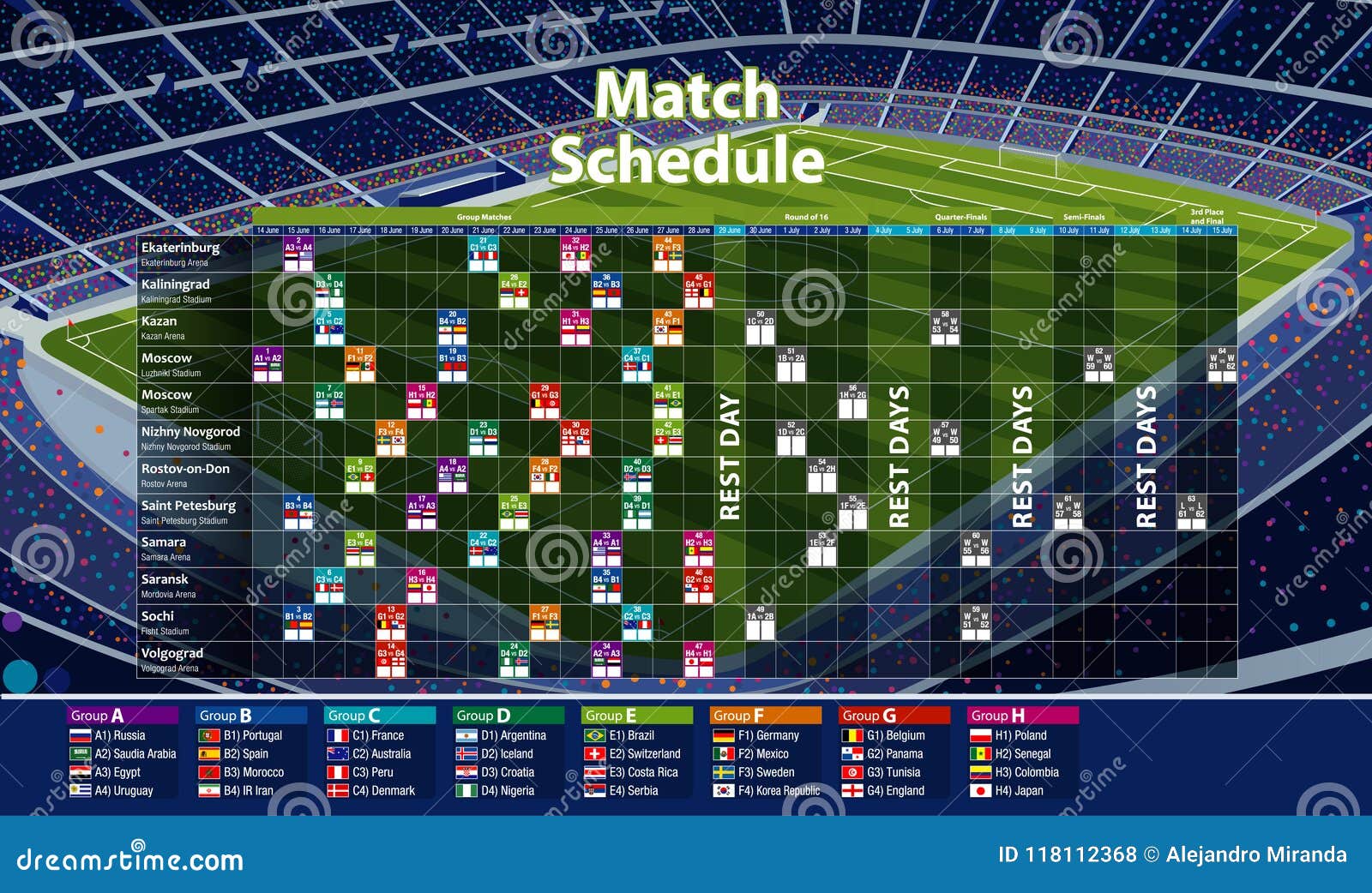 Chart Showing Russia Soccer Tournament Calendar. Schedule Table with