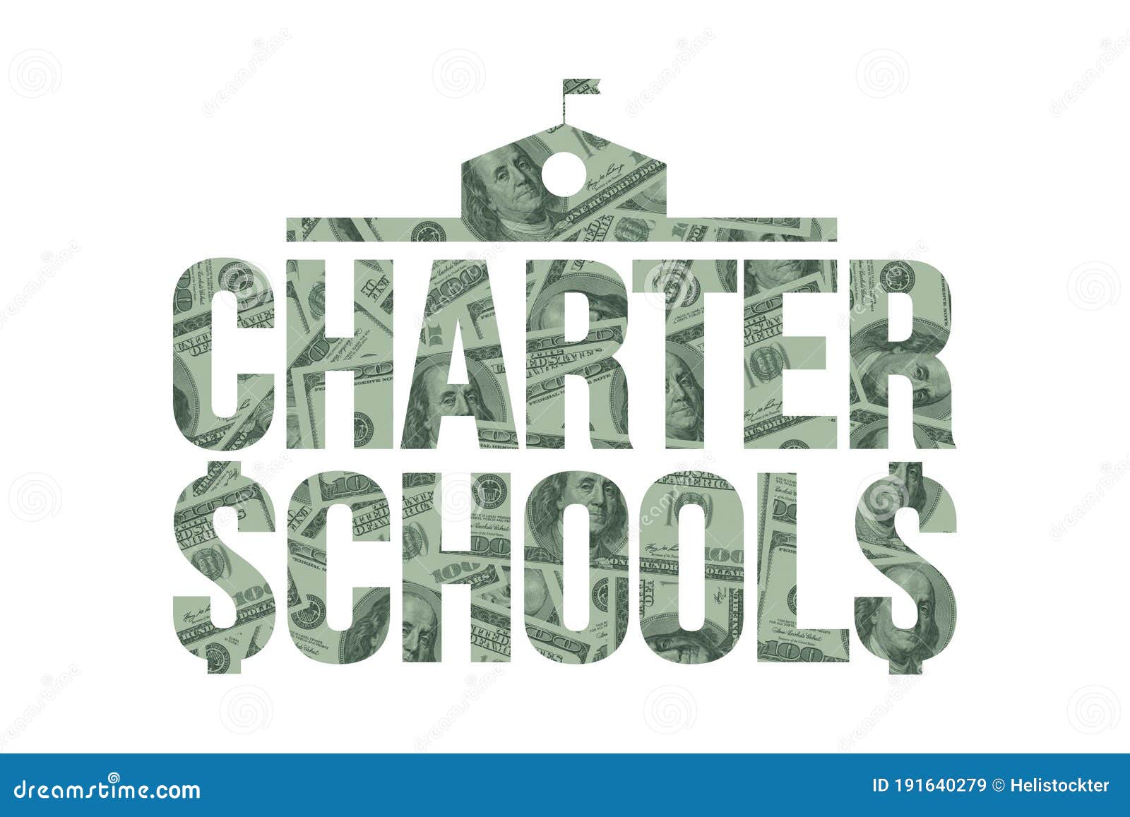 charter school and money, one hundred dollar bills and schoolhouse