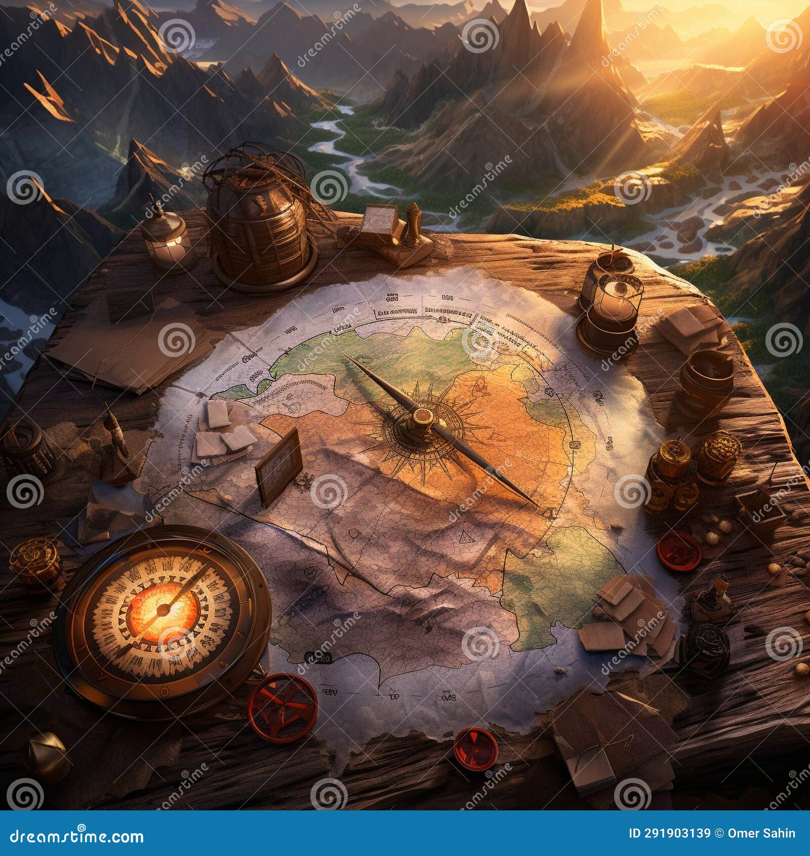 Charting Destiny: Map and Compass Guided Adventures Stock Image - Image 