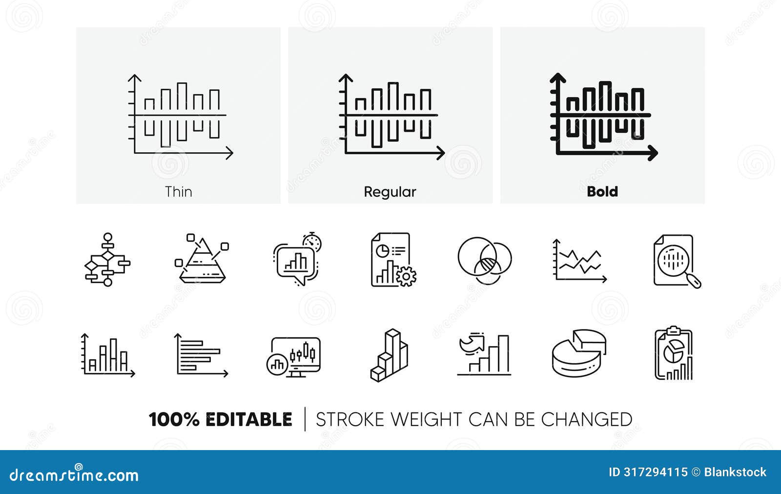 charts and graphs line icons. infochart, block diagram and algorithm. linear icon set. line icons. 