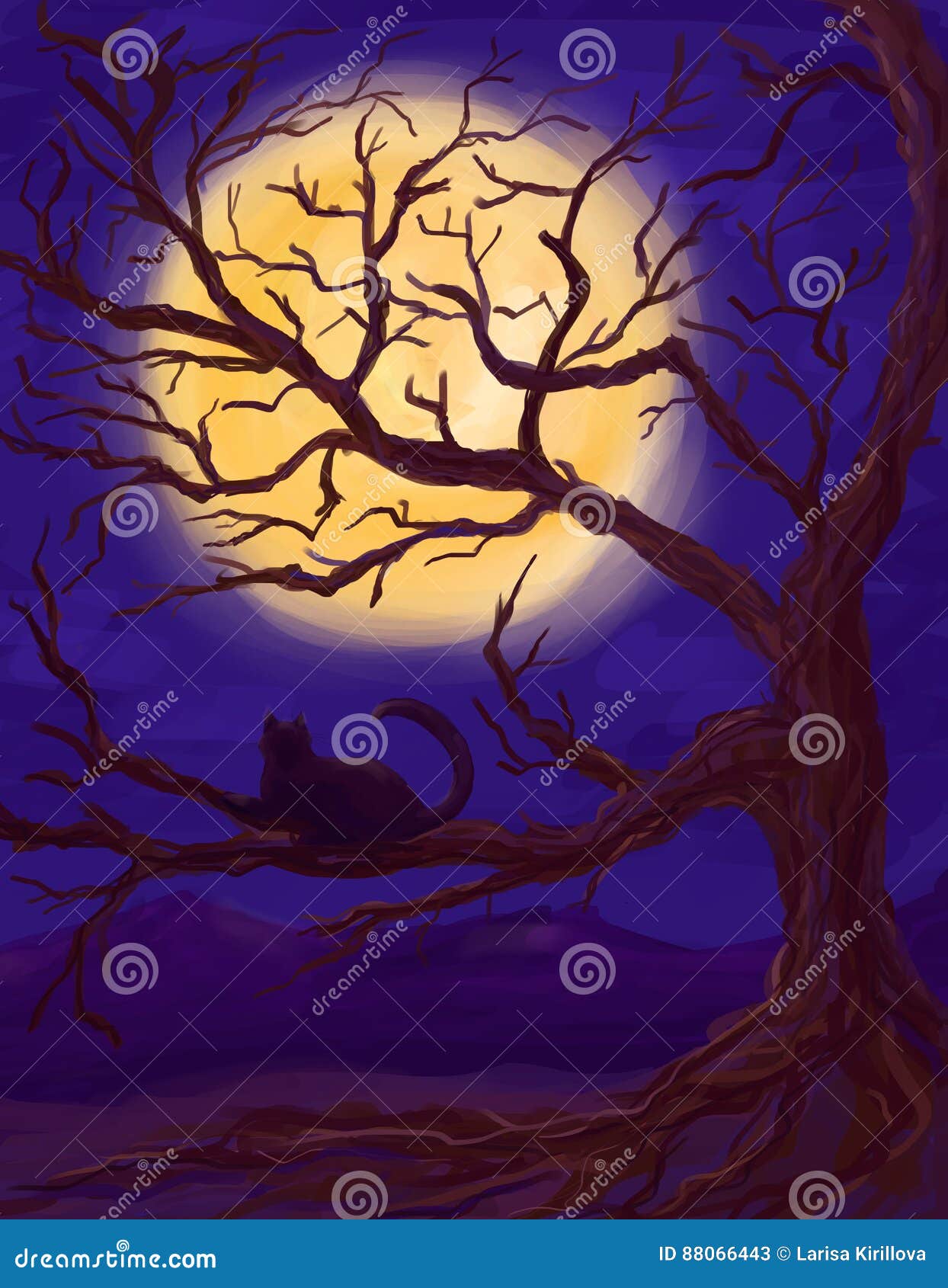 Chat Arbre Et Lune Illustration Stock Illustration Du Ciel