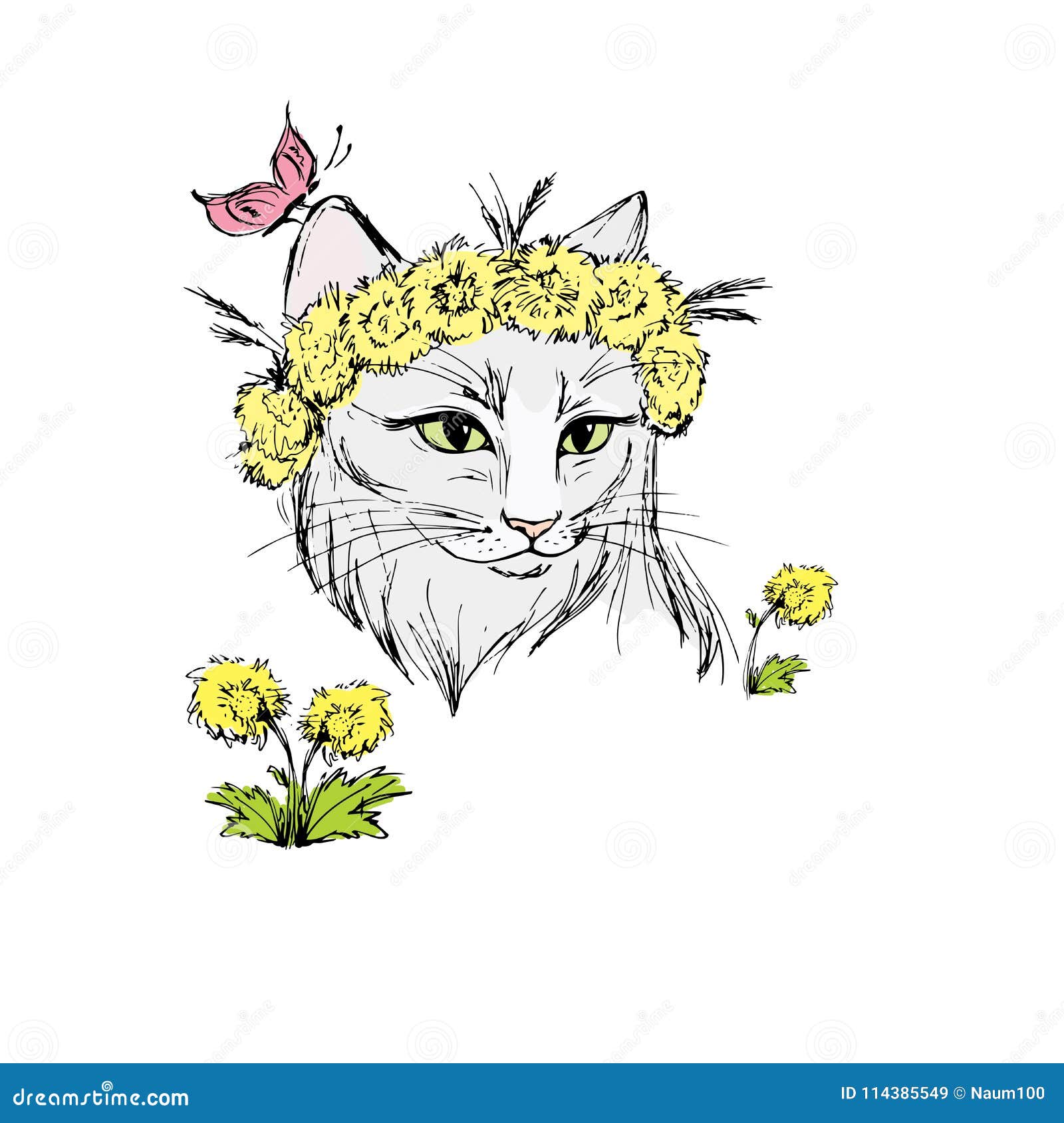 Chat Avec Des Fleurs Tirees Par La Main Illustration De Vecteur Illustration Du Adulte Nature