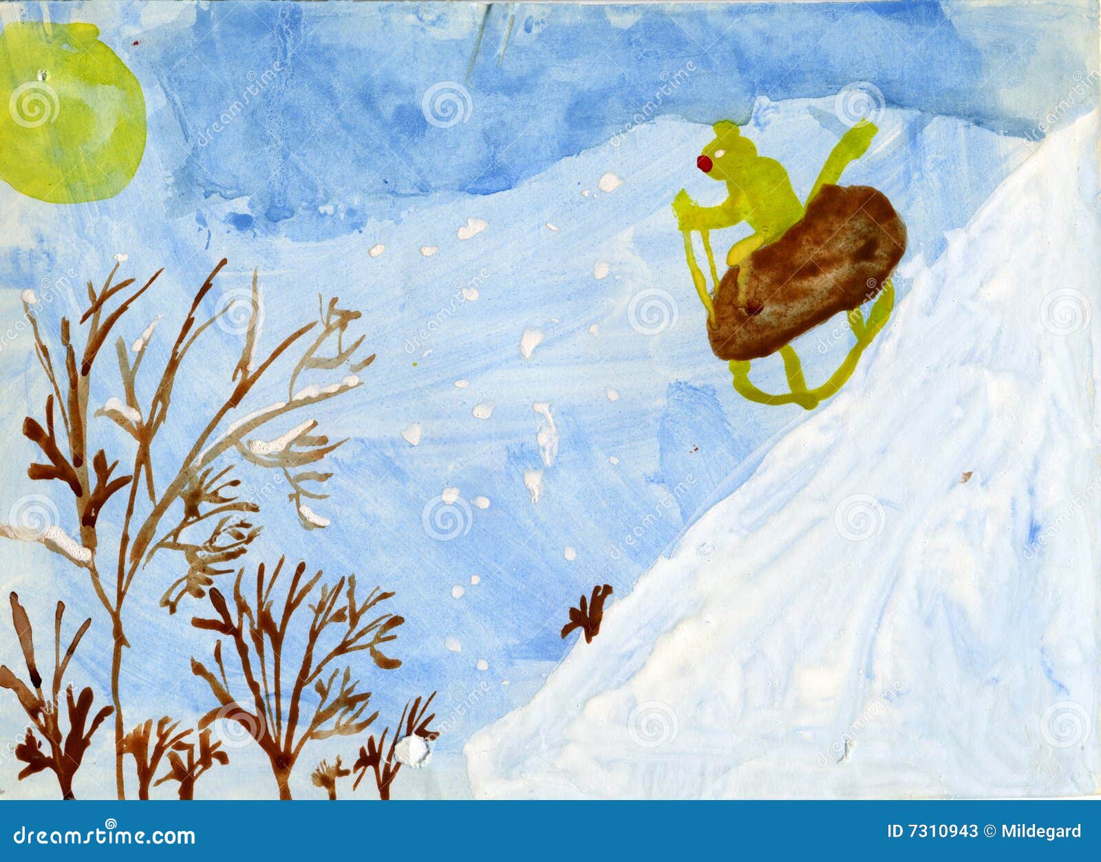 Chat conduisant l'étrier. L'enfant de chat conduit le thad neigeux d'étrier d'illustration effectué par côte de gouache