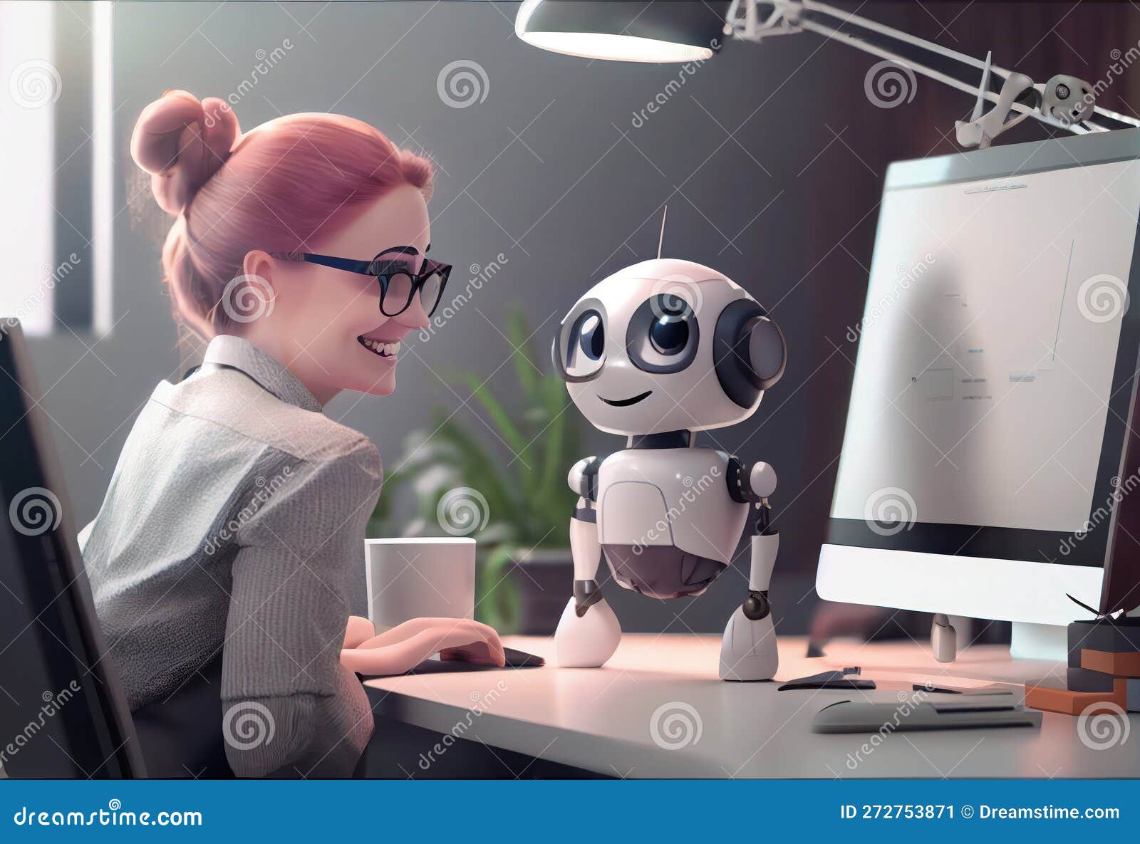 Chat GPT Chat Bot and Woman in Office. AI Robot for Work Assistant