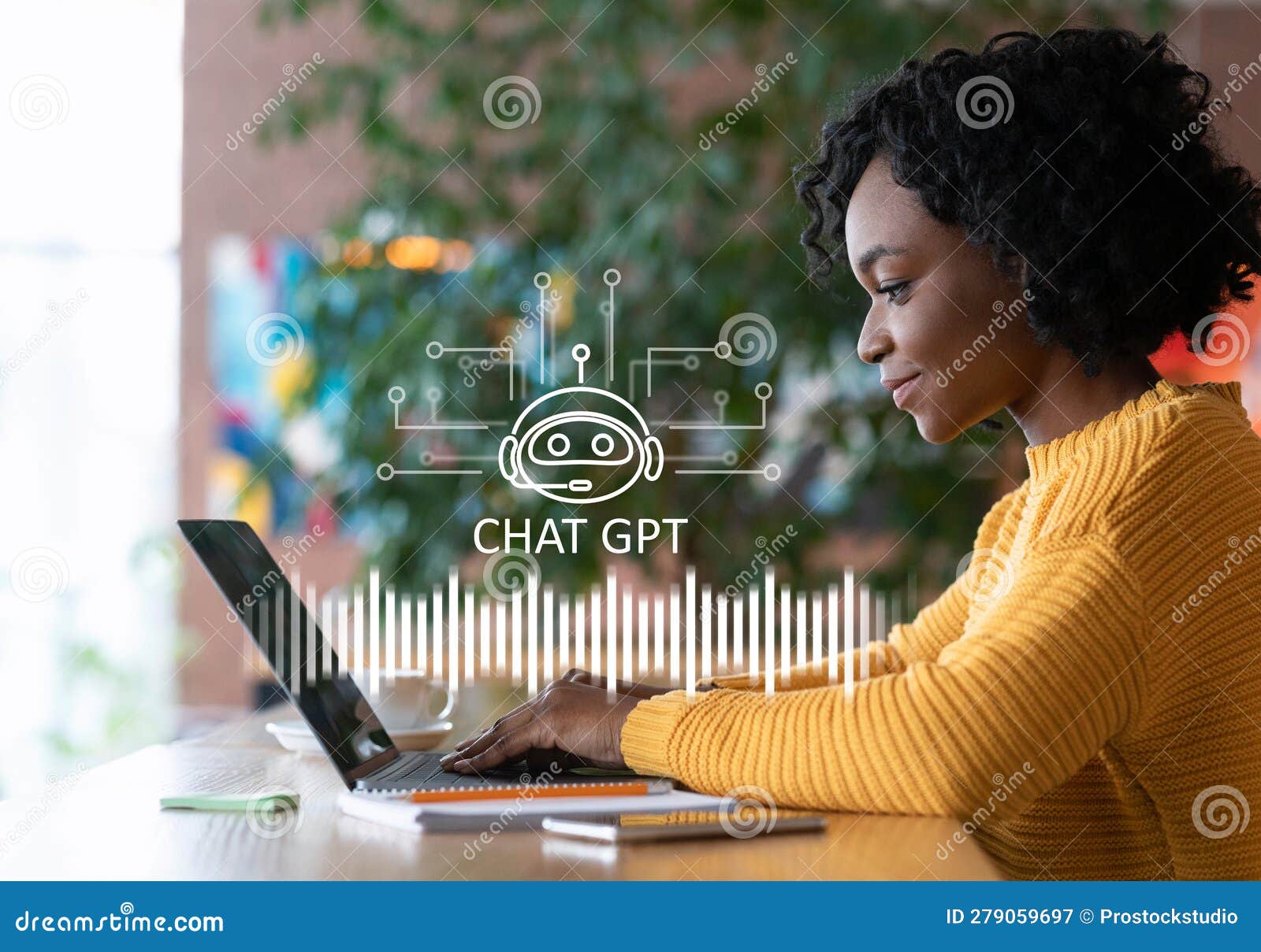 cheerful african american woman using chat gpt on laptop