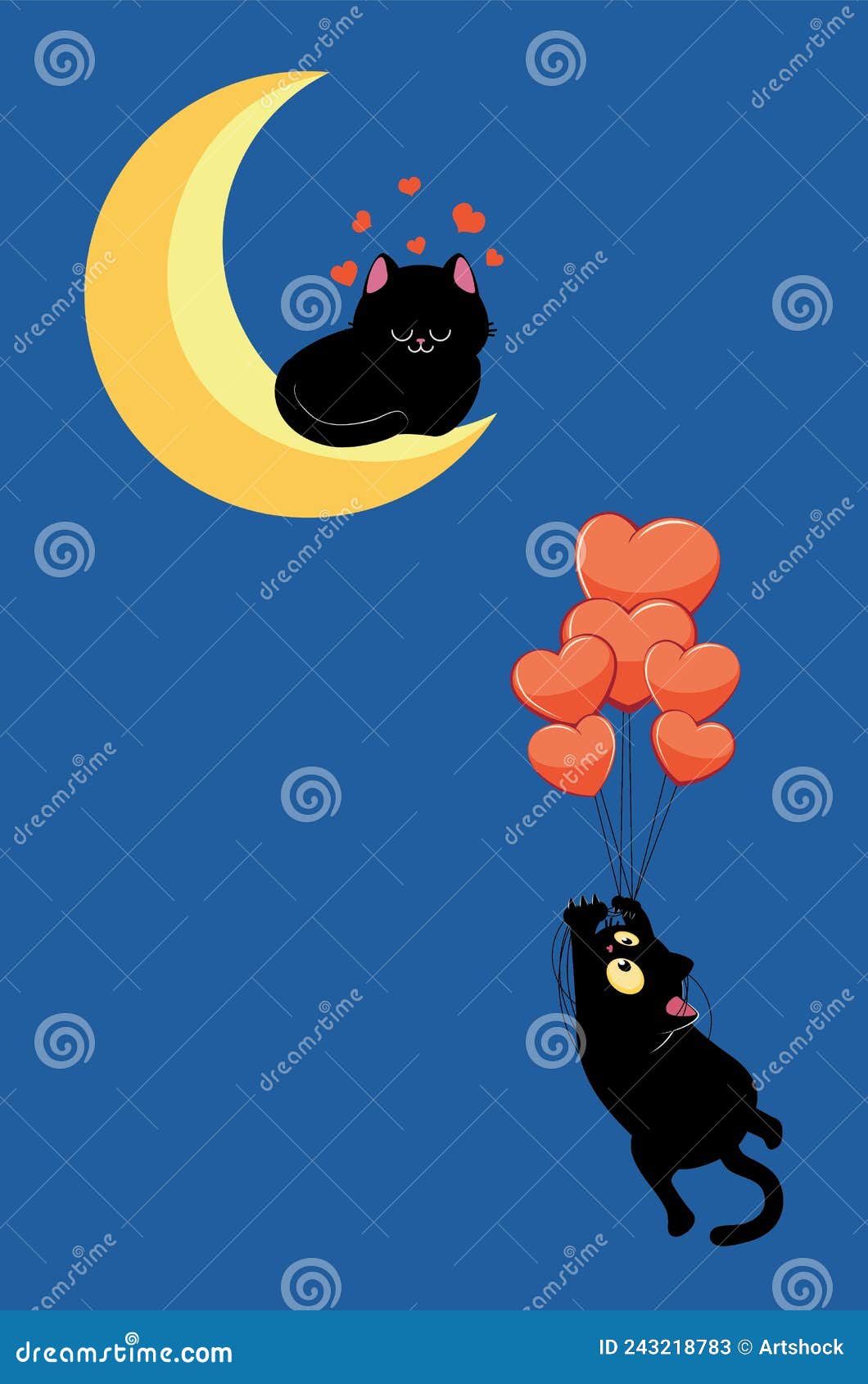 Chat Noir Volant Sur Ballons Pour Chat Sur La Lune Illustration de Vecteur  - Illustration du heureux, symbole: 243218783