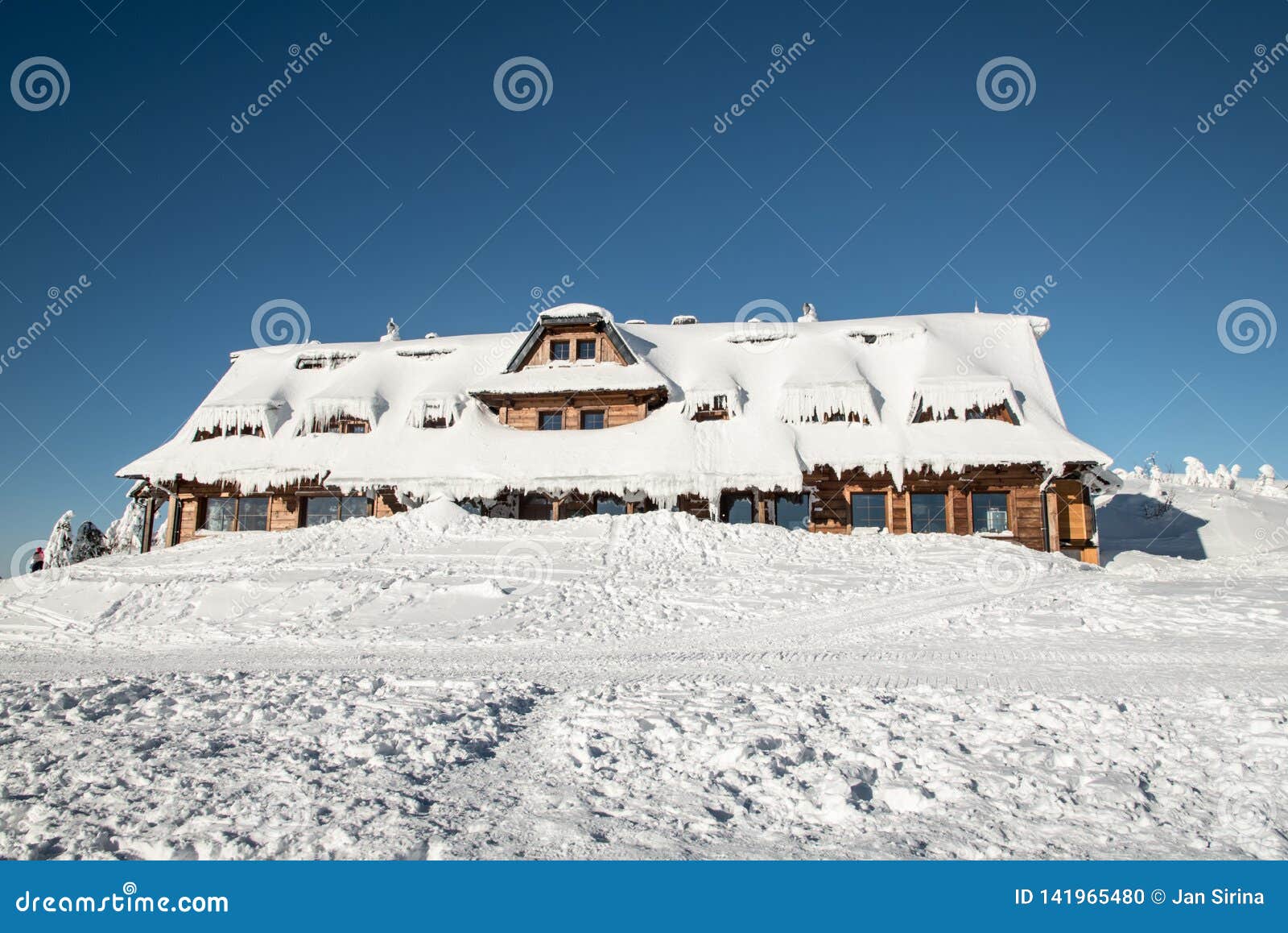 chata maraton hut on lysa hora hill in winter moravskoslezske beskydy mountains in czech republic
