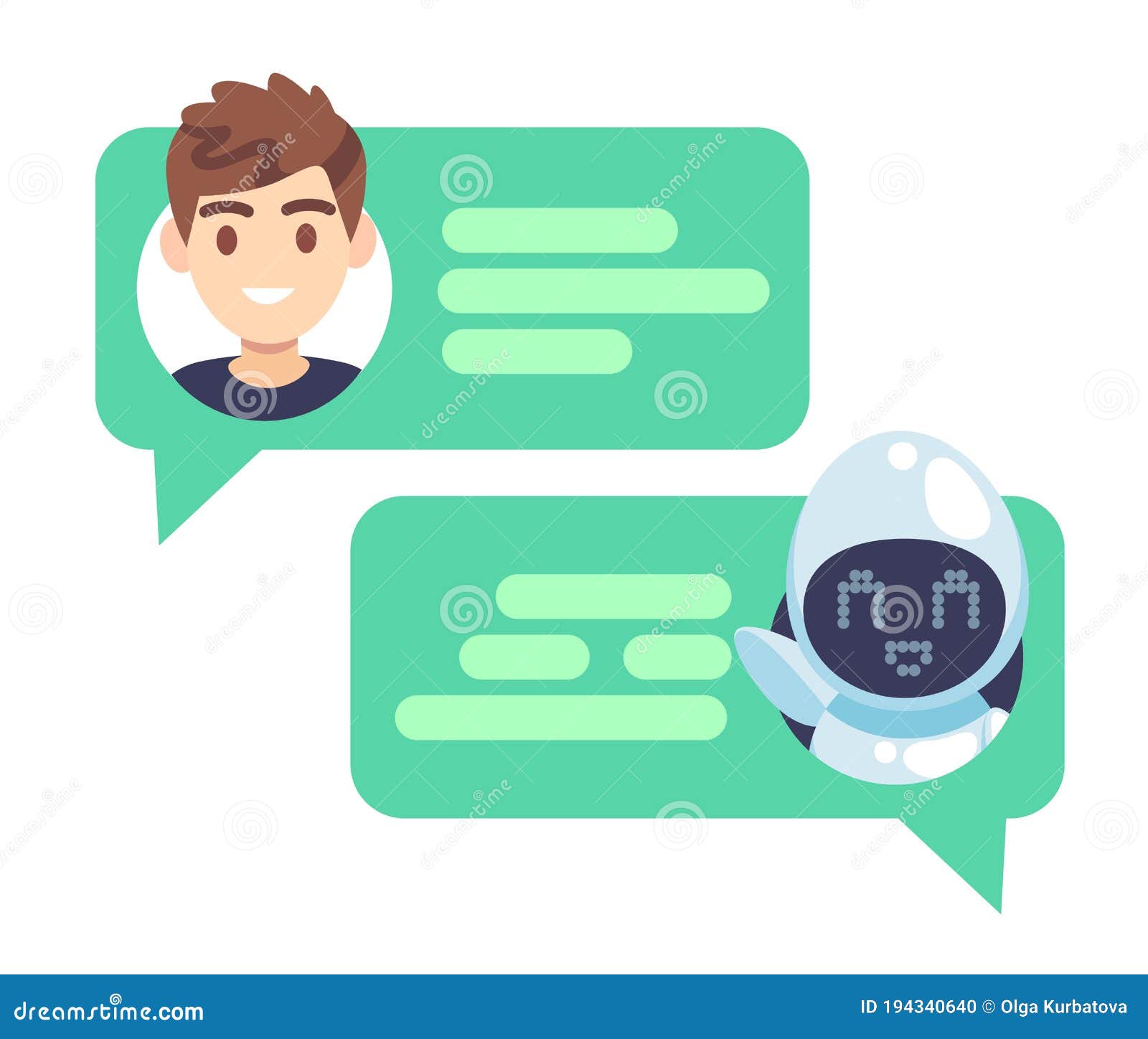 chatbot character. online helper chatting with man, virtual robot answers questions by customer, device screenshot with