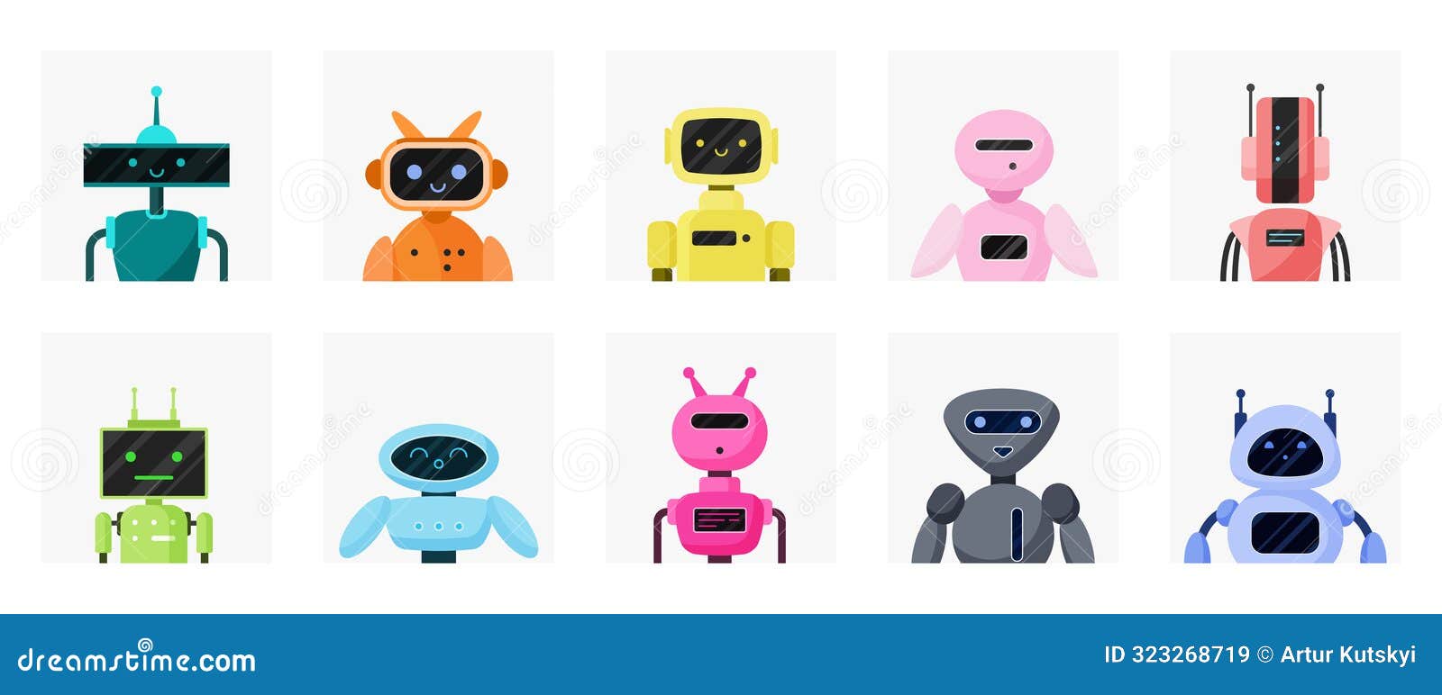 chatbot cute avatars in different colors set, funny portraits of bots in gpt chat