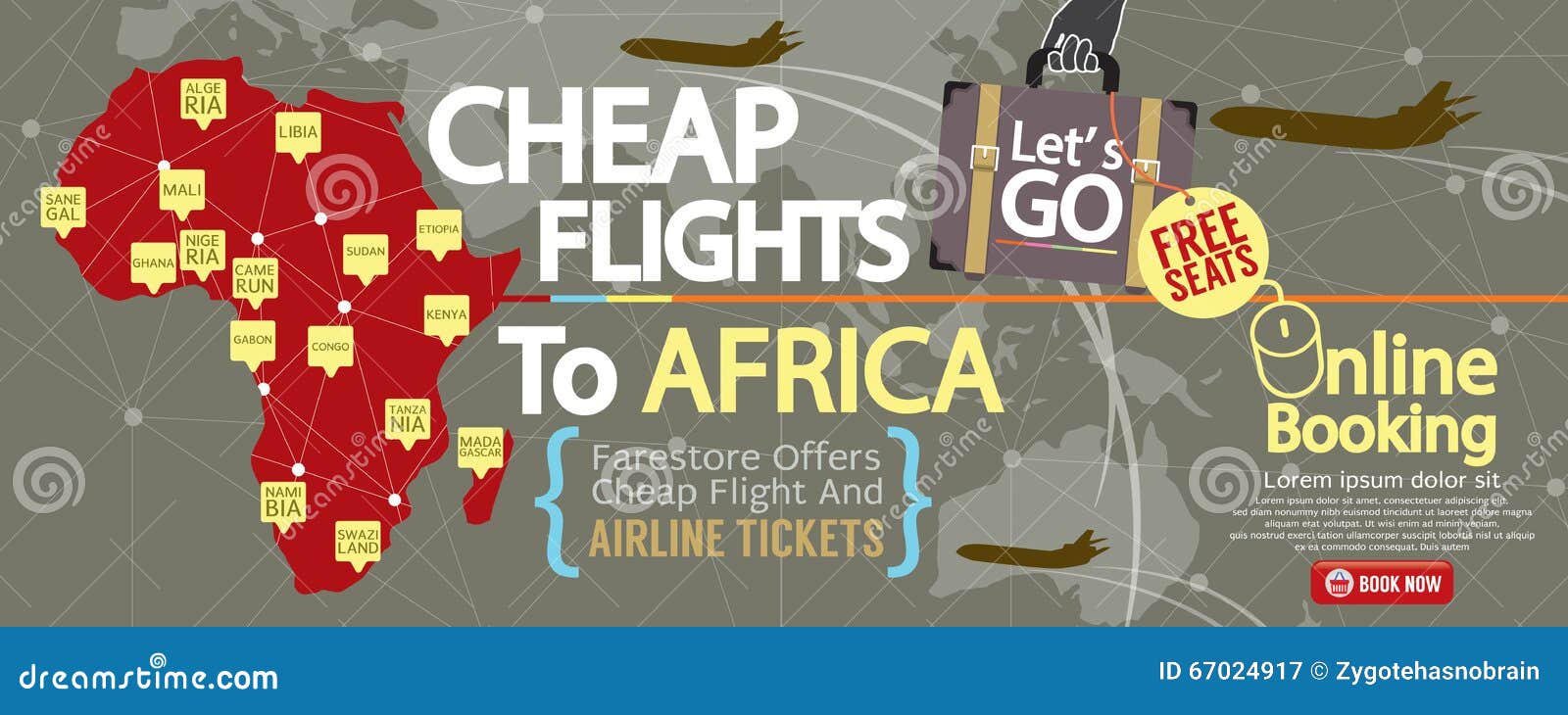 Cheap Flight To Africa 1500x600 Banner. Stock Vector Illustration of