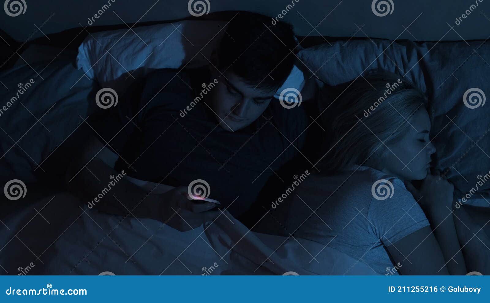 Cheating Husband Phone Bed Sleeping Wife Night Stock Footage